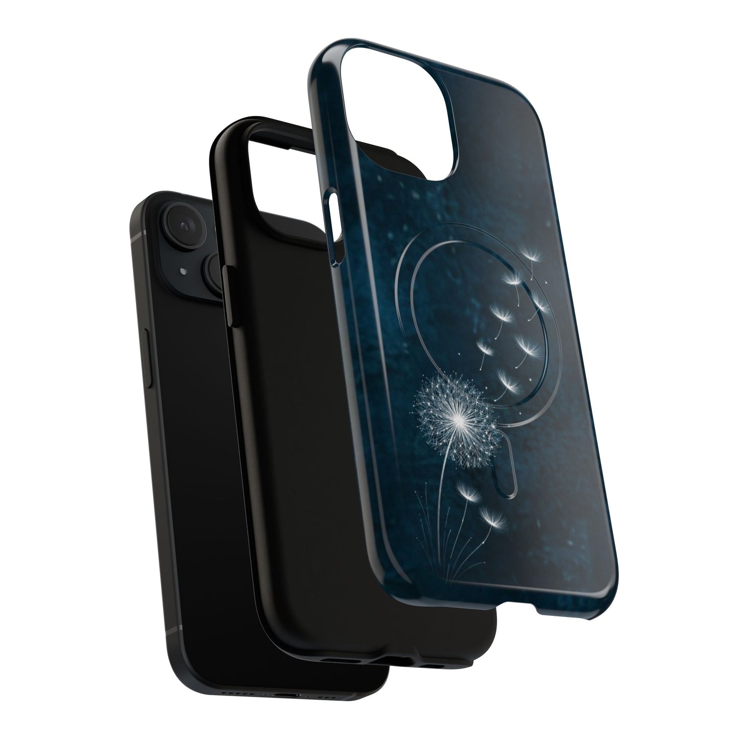 Minimalist floral iPhone case featuring glowing dandelion seeds showing inner protective layer.