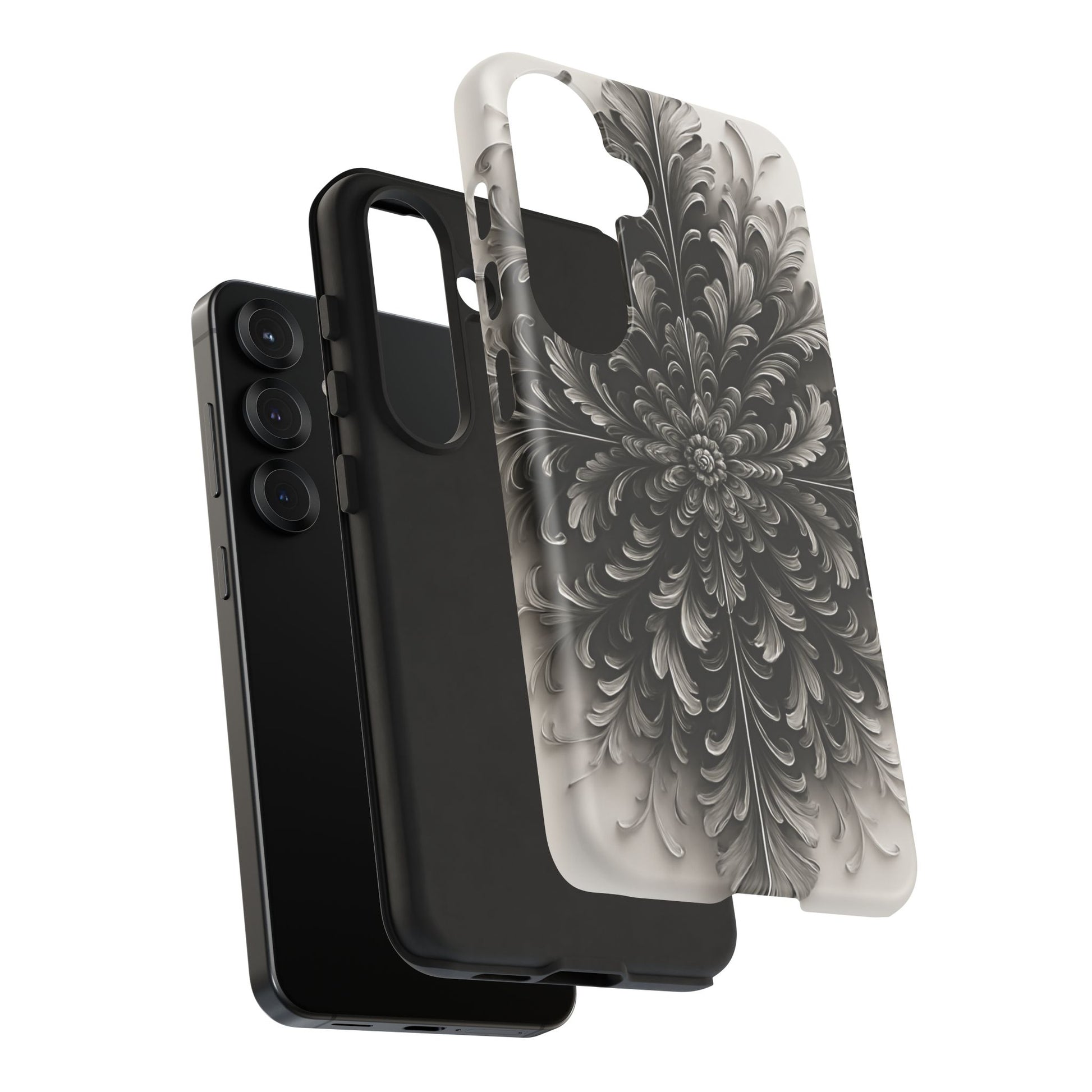 Obsidian Bloom - Elegant Black & White Samsung Galaxy S25 Tough Phone Case - Intricate Mandala Flower Design