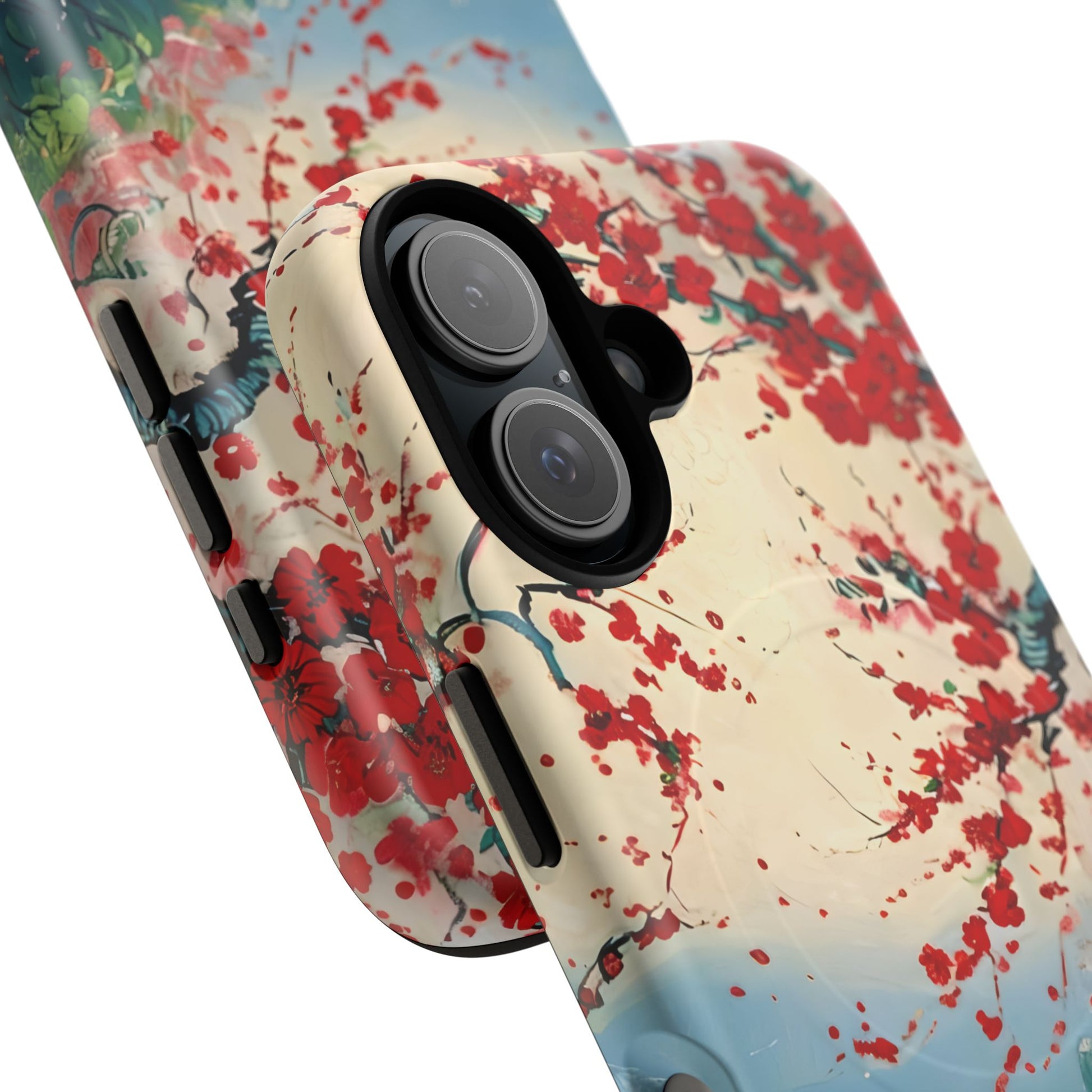 Crimson Blossom Lake - Artistic Floral Landscape iPhone 16 MagSafe Phone Case - Red Cherry Blossoms & Serene Lake Design