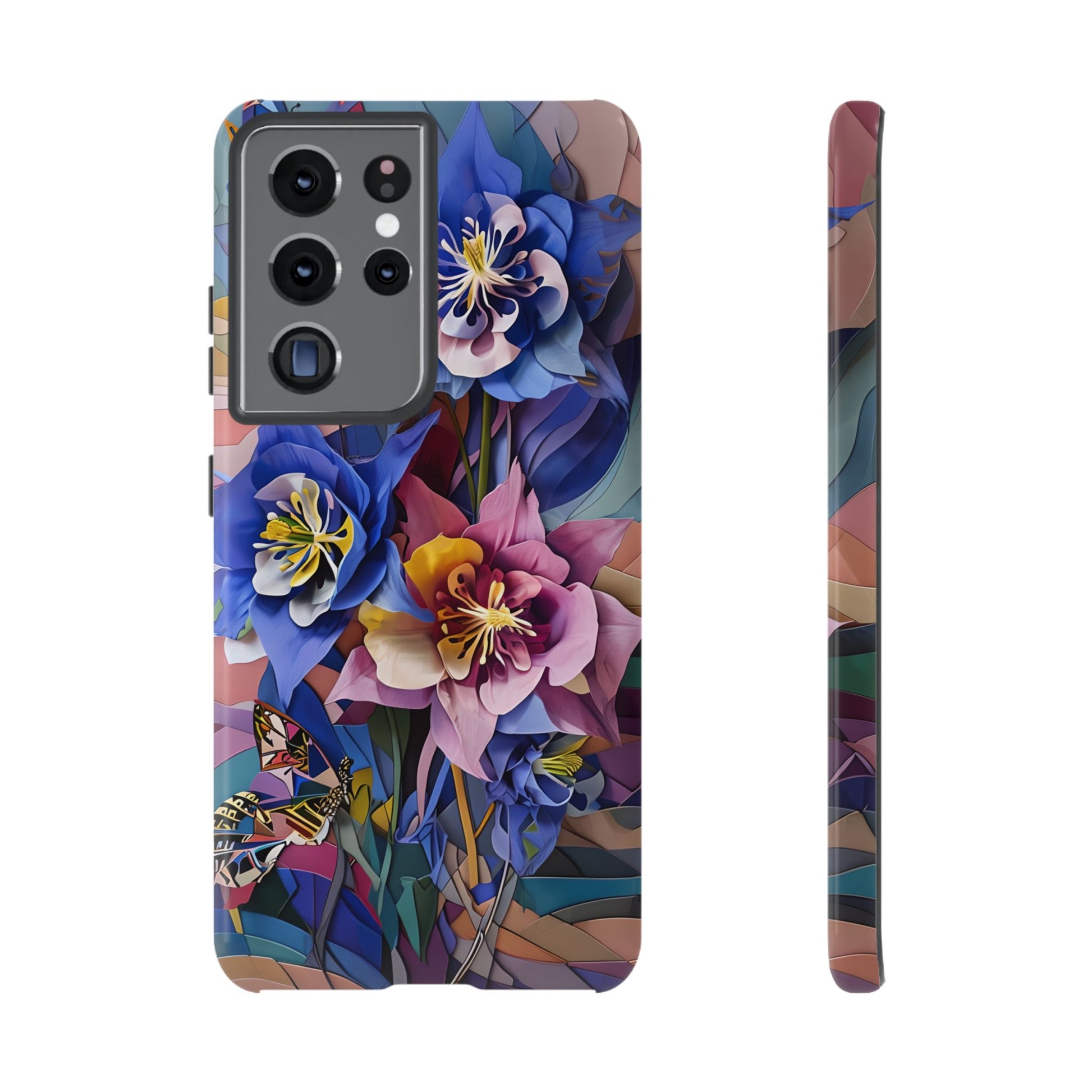 Blue Columbine Carnivale - Artistic Floral & Butterfly Samsung S21 Ultra Tough Phone Case - Vibrant Botanical Design