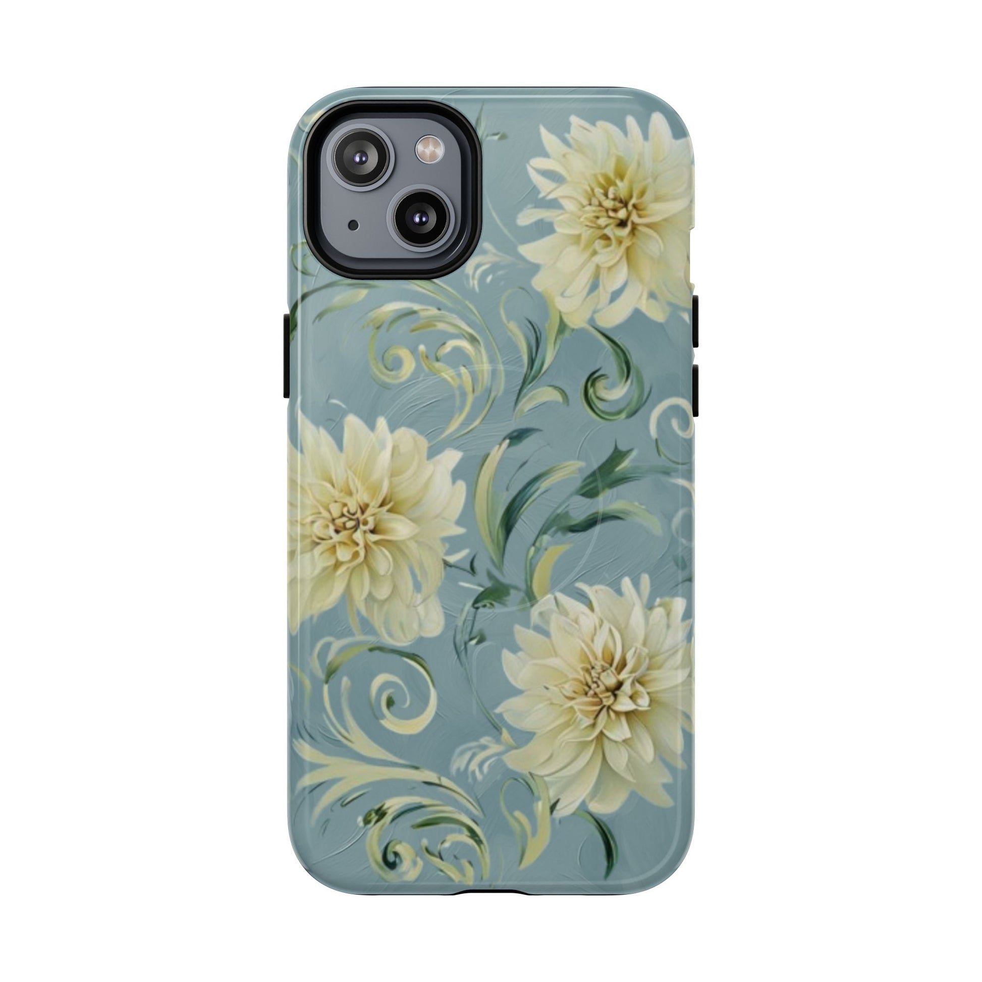 Golden Dahlia Trio - Elegant Floral iPhone 14 Plus MagSafe Phone Case - Artistic White & Blue Dahlia Design