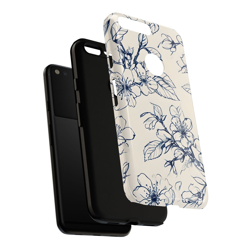Blossom Sketch - Artistic Blue Floral Google Pixel XL - Tough Phone Case - Hand-Drawn Botanical Design