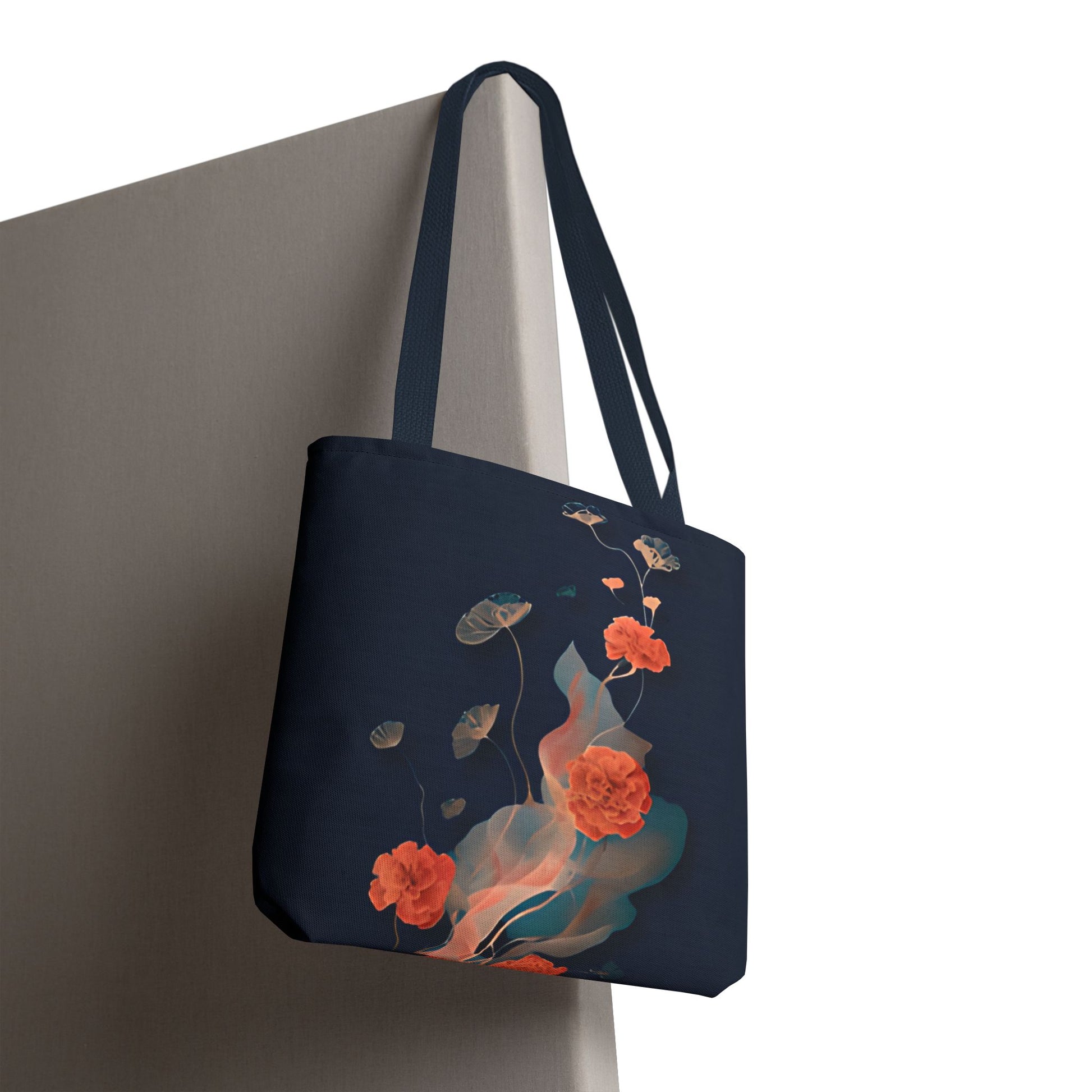 Lotus Reverie canvas tote bag hanging with refined lotus flower illustration