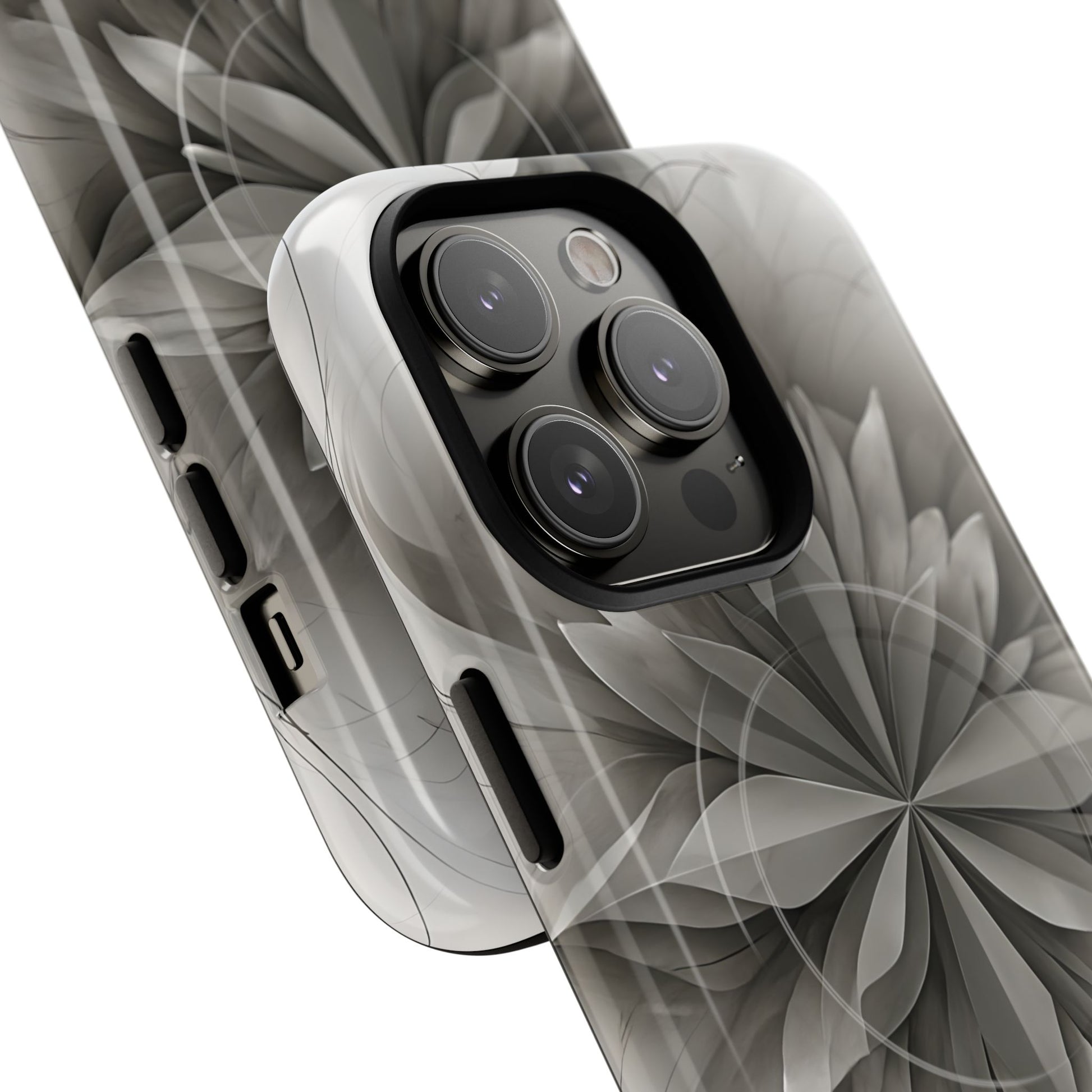 Silver Lotus - Elegant Monochrome Floral iPhone 14 Pro MagSafe Phone Case - Modern Lotus Design