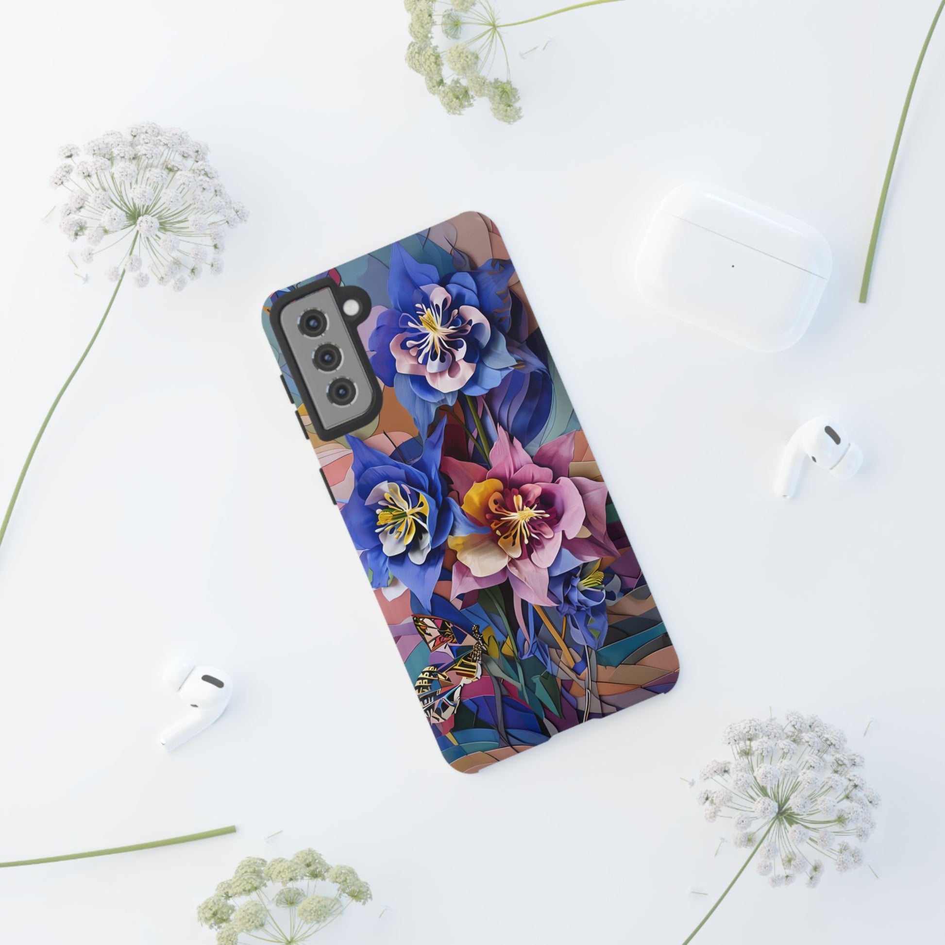 Blue Columbine Carnivale - Artistic Floral & Butterfly Samsung S21 Plus Tough Phone Case - Vibrant Botanical Design