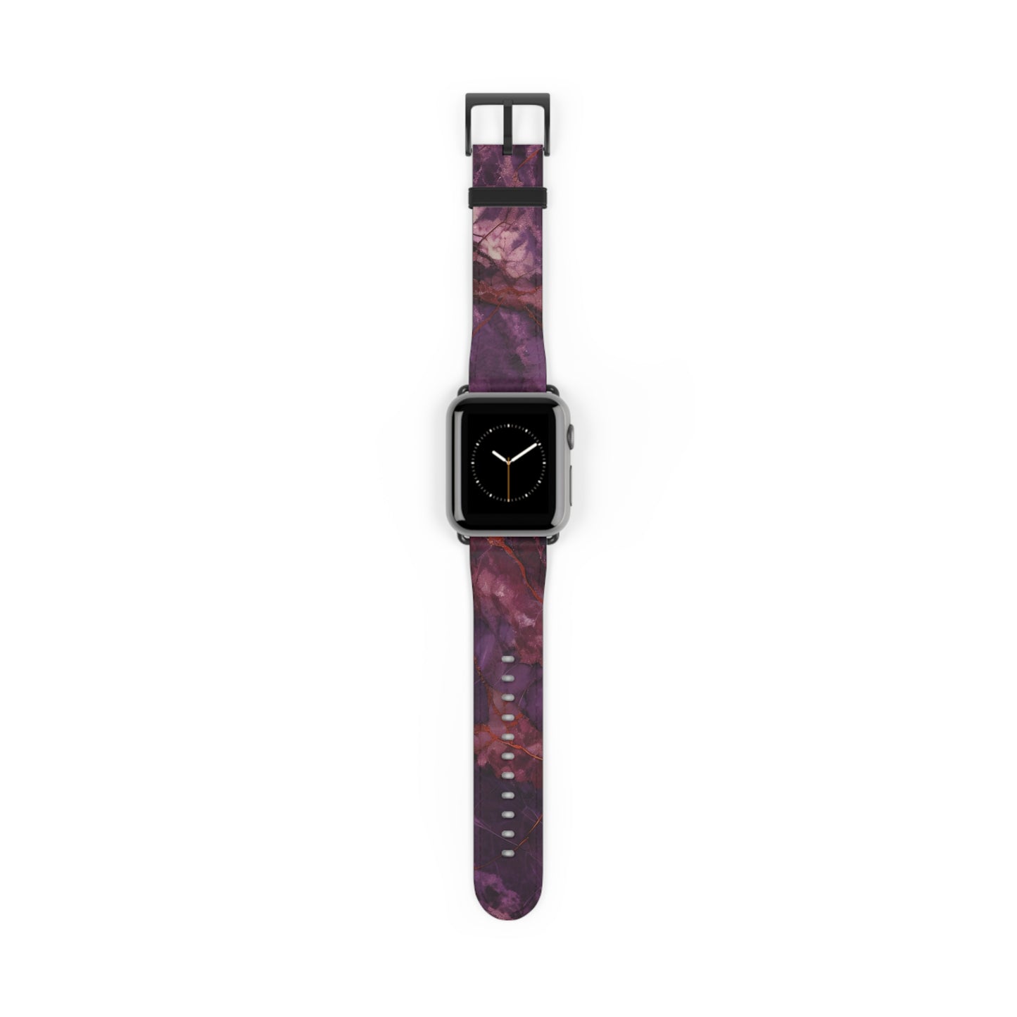 Amethyst Current Apple Watch band with watch face featuring flowing abstract pattern in deep amethyst purple tones