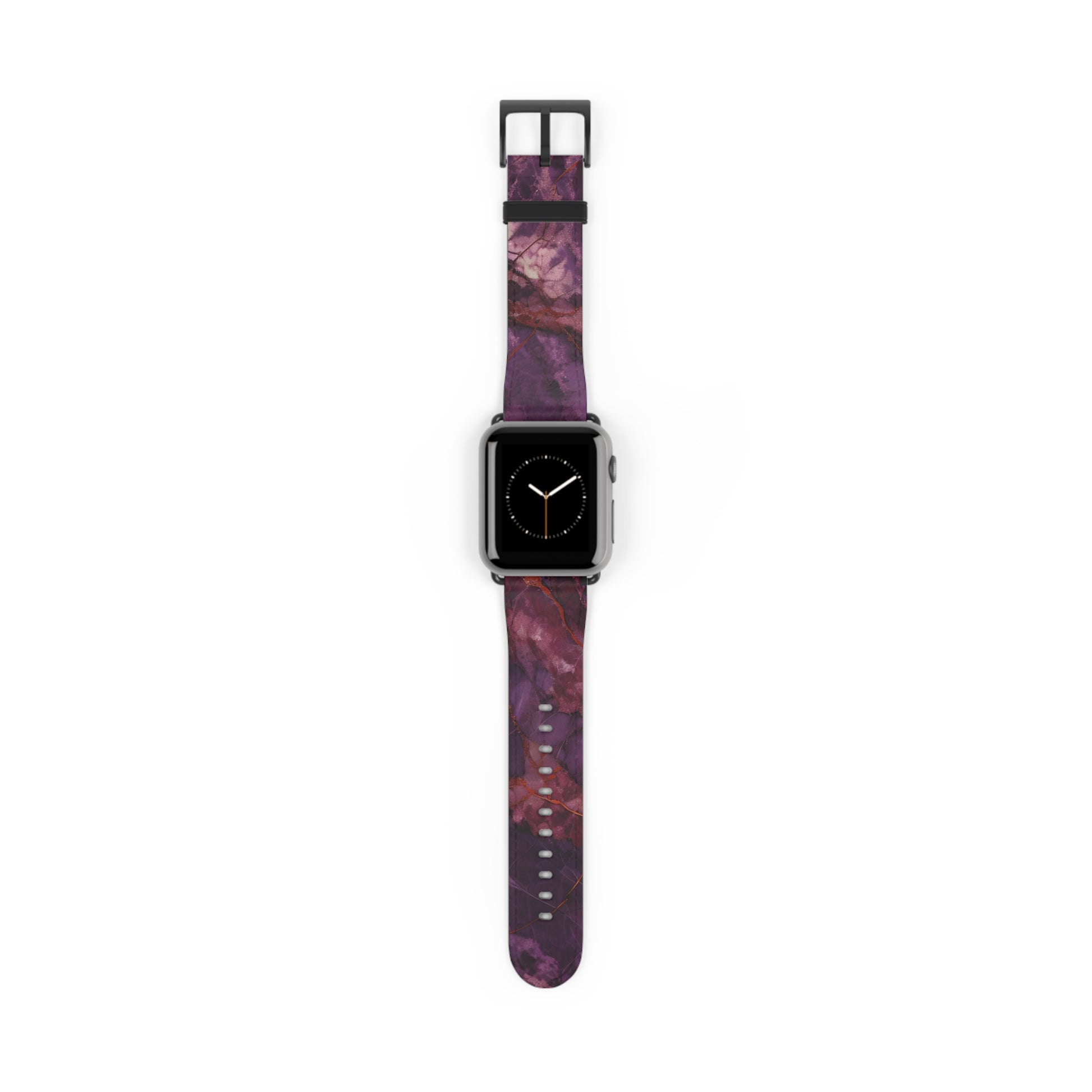 Amethyst Current Apple Watch band with watch face featuring flowing abstract pattern in deep amethyst purple tones