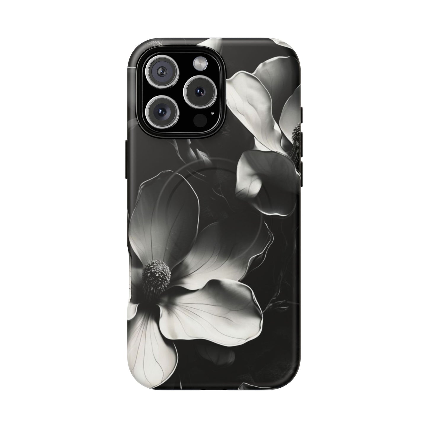 Monochrome Magnolia - Elegant Black & White Floral iPhone MagSafe Phone Case - Artistic Magnolia Design