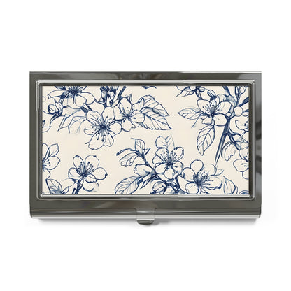 Blossom Sketch Business Card Holder - Elegant Navy Blue Floral on Cream Background