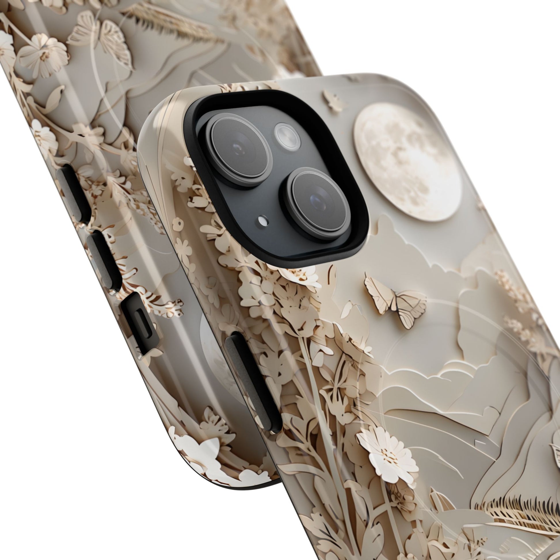 Moonlit Garden - Elegant Neutral Floral iPhone 15 MagSafe Phone Case - Painterly Botanical & Moon Design