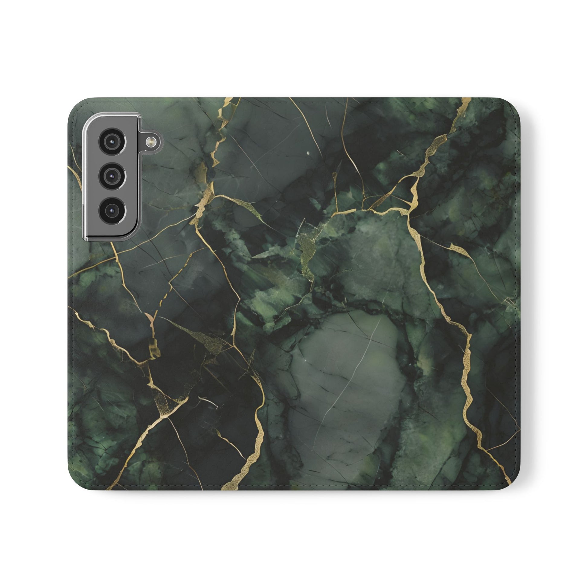 Verdant Vein - Flip Phone Case for Samsung Galaxy S22 - Green and Gold Marble Design
