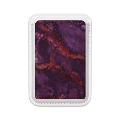 Amethyst Current purple marble MagSafe card holder with violet and red veining, shown on white magnetic wallet for compatible MagSafe iPhone cases.