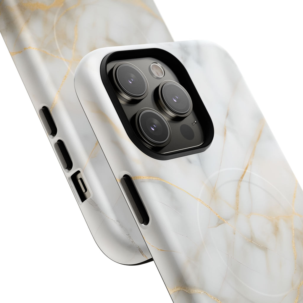 Golden Vein iPhone 14 Pro Max MagSafe Phone Case -White Neutral Marble Design