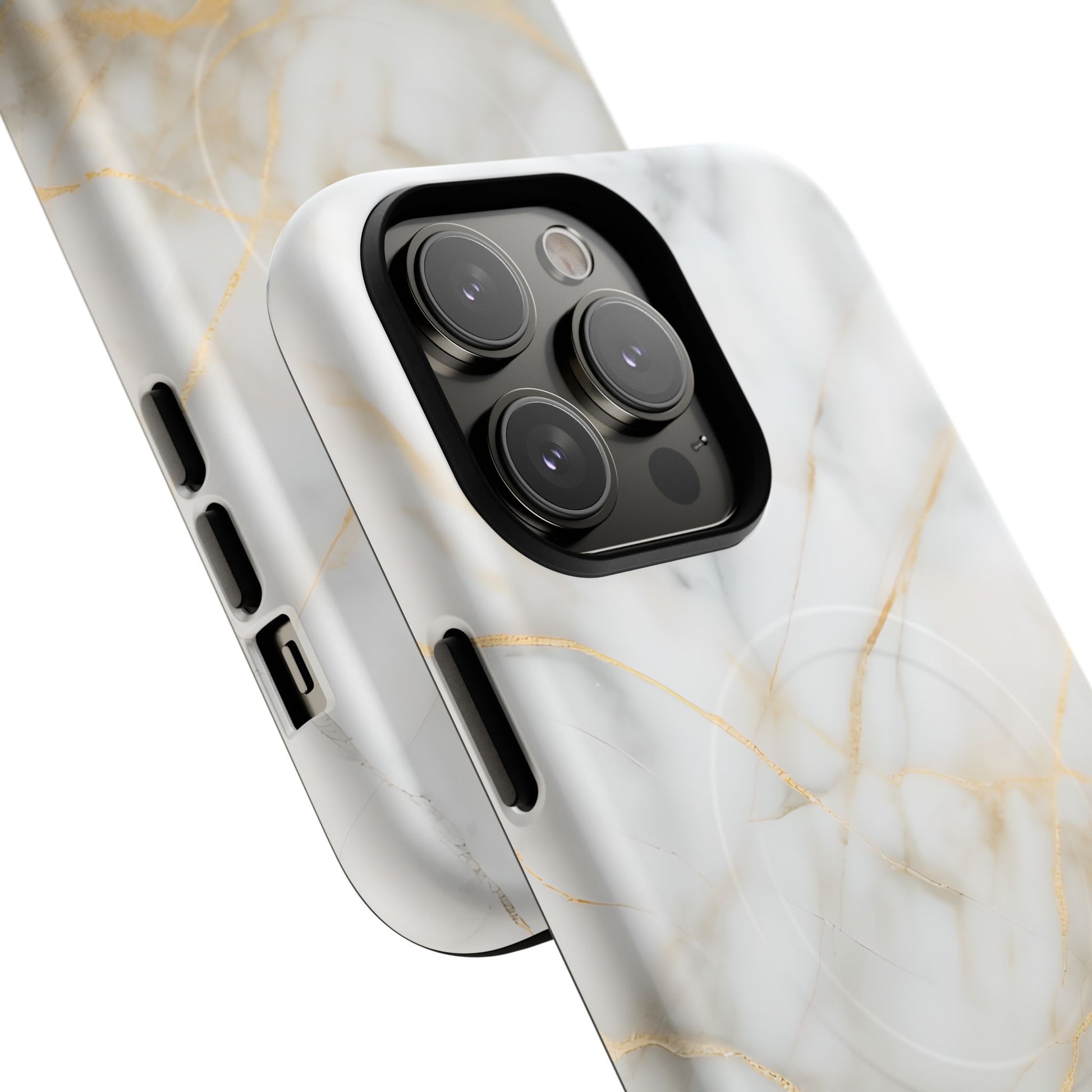 Golden Vein iPhone 14 Pro Max MagSafe Phone Case -White Neutral Marble Design