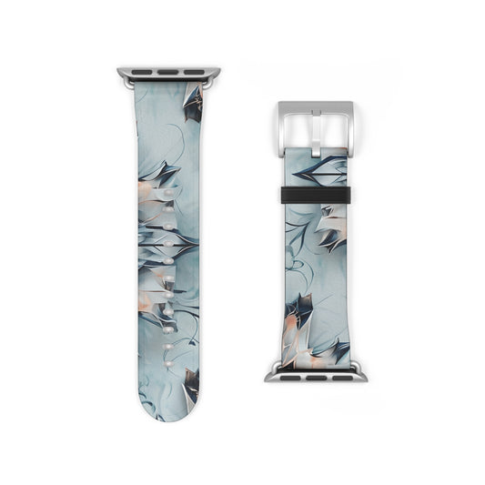 Indigo Mirage Apple Watch band strap with silver clasp showing abstract indigo kaleidoscope artwork in cool blue tones