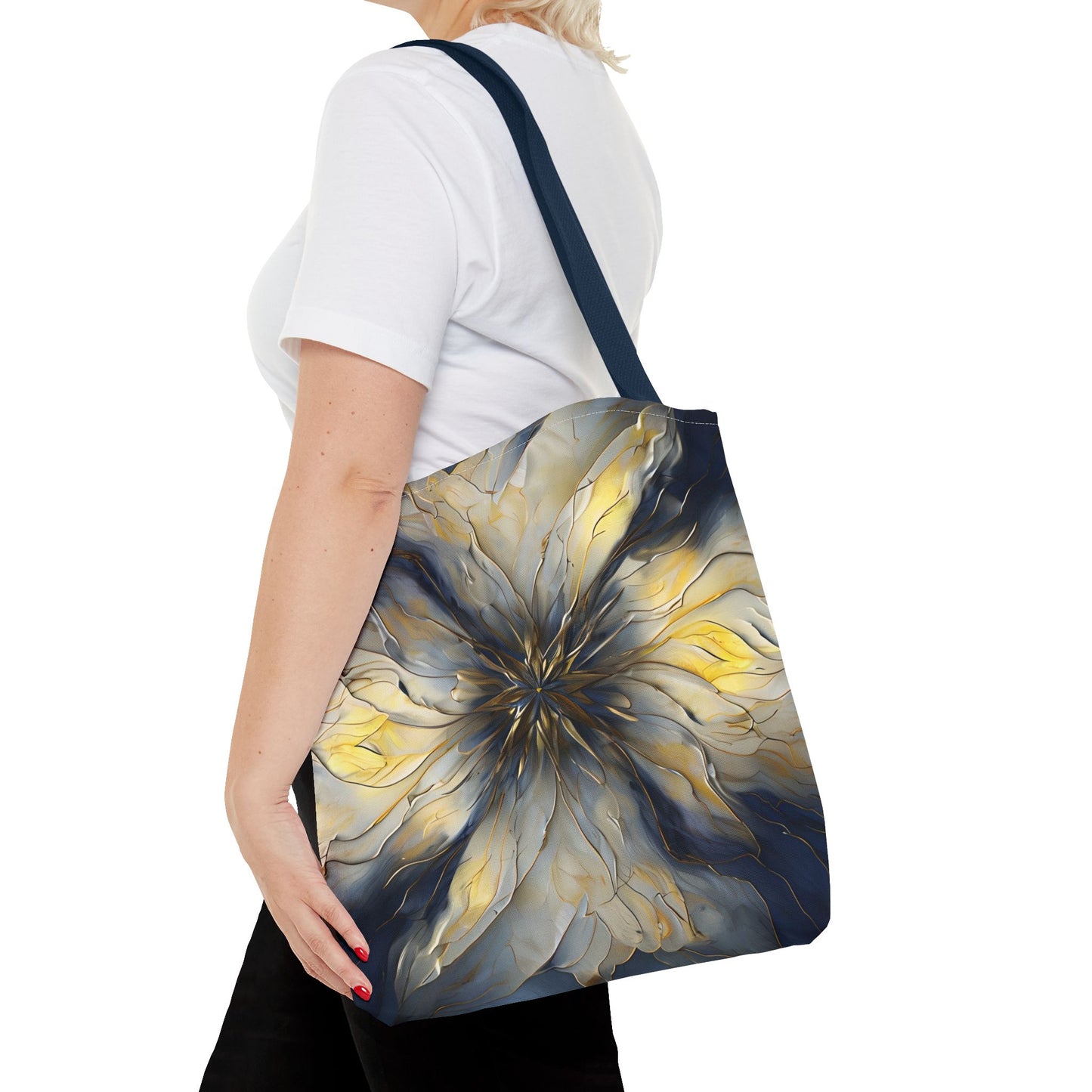 Luminous Petal Tote Bag (16x16 & 18x18)- Radiant Bloom in Gold and Indigo on Deep Navy Canvas, Reusable & Eco-Friendly