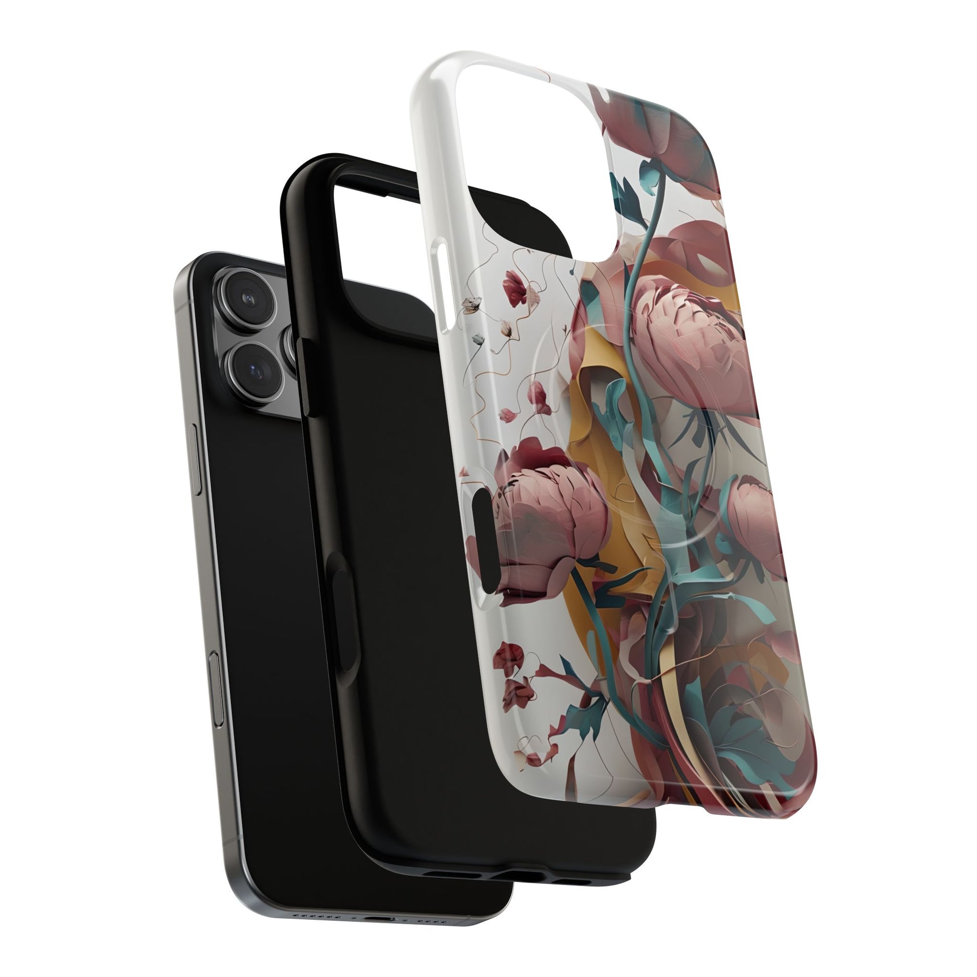 Blushing Peony Veil - Elegant Painterly Floral iPhone 16 Pro Max MagSafe Phone Case - Soft Blush & Teal Peony Design