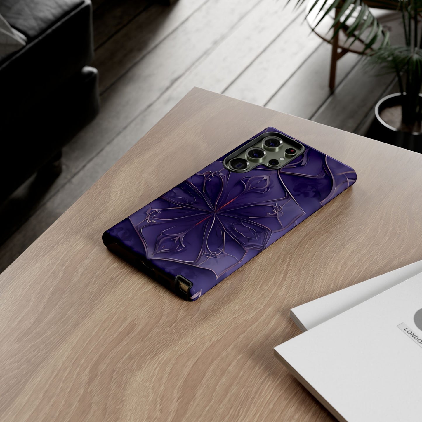 Violet Nebula Samsung Galaxy purple mandala phone case on wooden desk beside laptop and notebook, elegant lifestyle flat lay