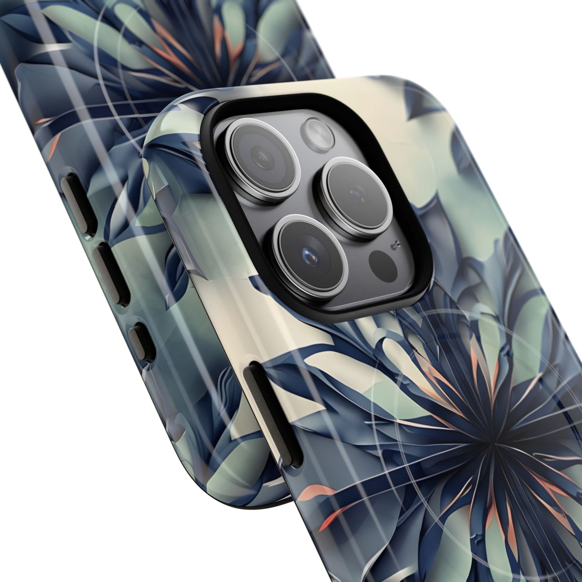 Frosted Indigo Bloom - Artistic Kaleidoscope Collection Artistic Floral - iPhone 15 Pro MagSafe Phone Case -Blue Symmetrical Design