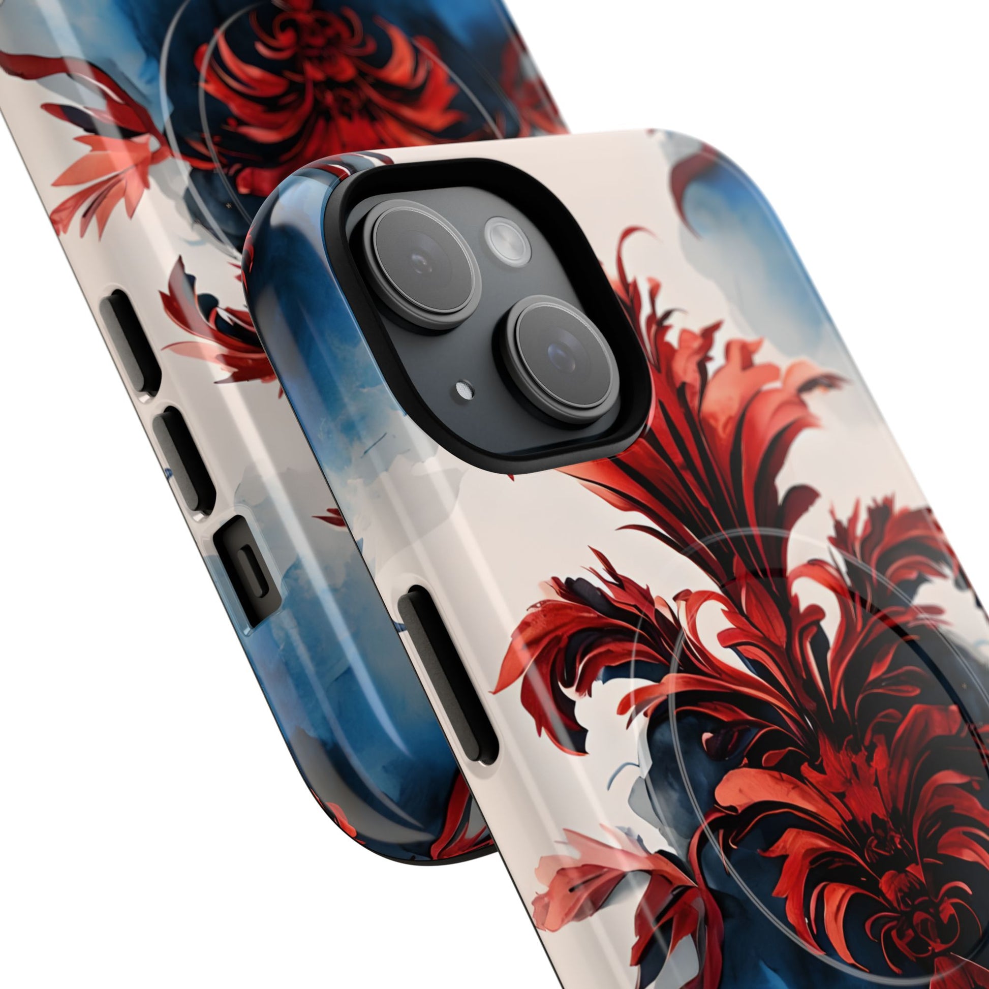 Crimson Plume - Bold Artistic Feather iPhone 15 MagSafe Phone Case - Dramatic Red & Blue Design