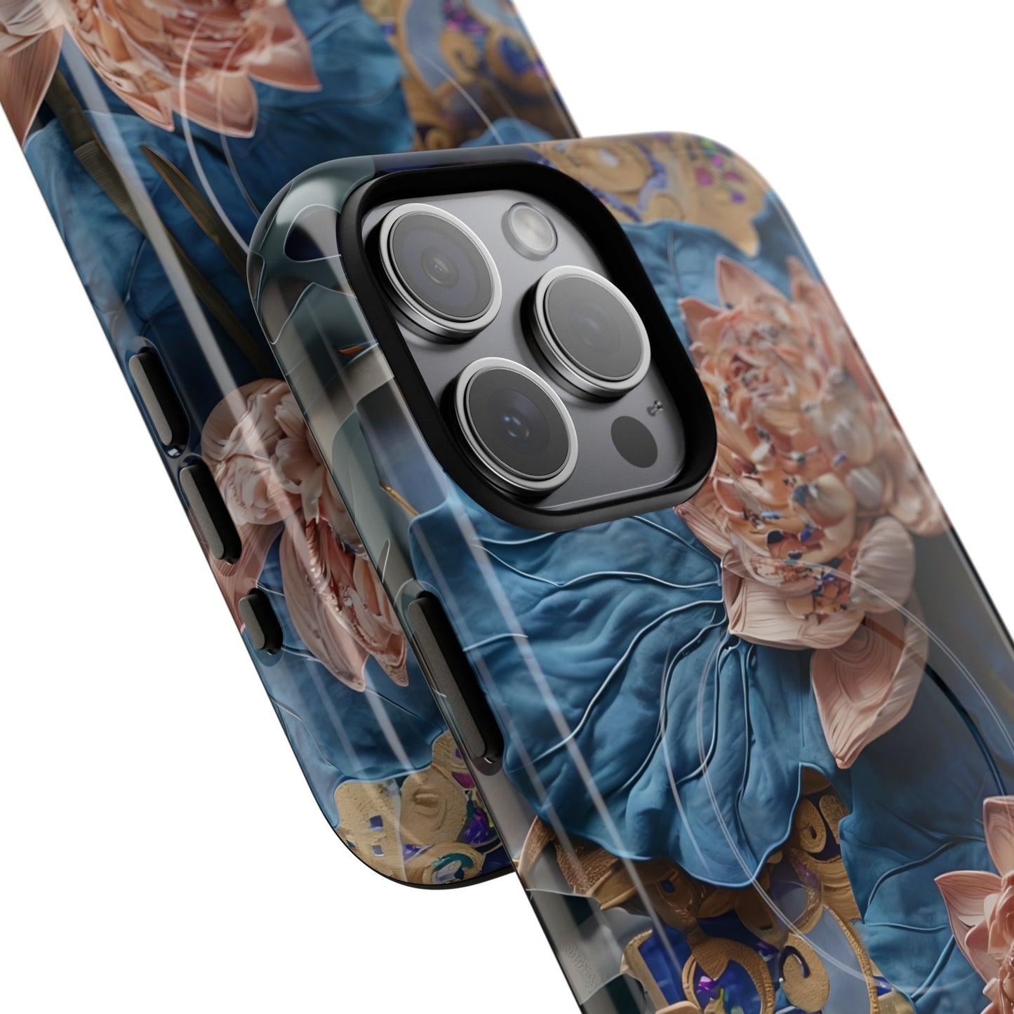 Peony Midnight Tapestry - iPhone Case- MagSafe Compatible - Elegant Blue & Blush Artful Phone Cover