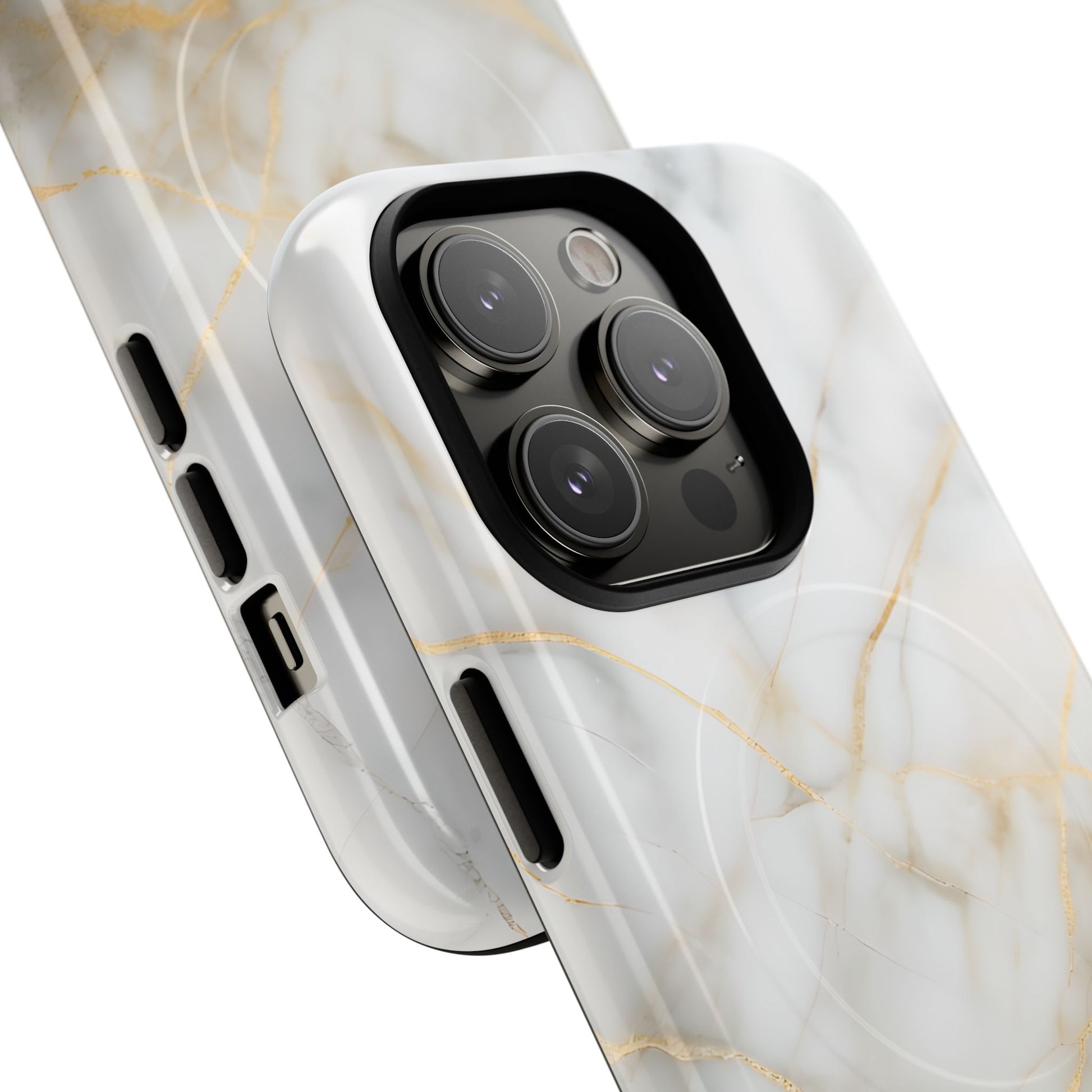 Golden Vein iPhone 14 Pro MagSafe Phone Case -White Neutral Marble Design