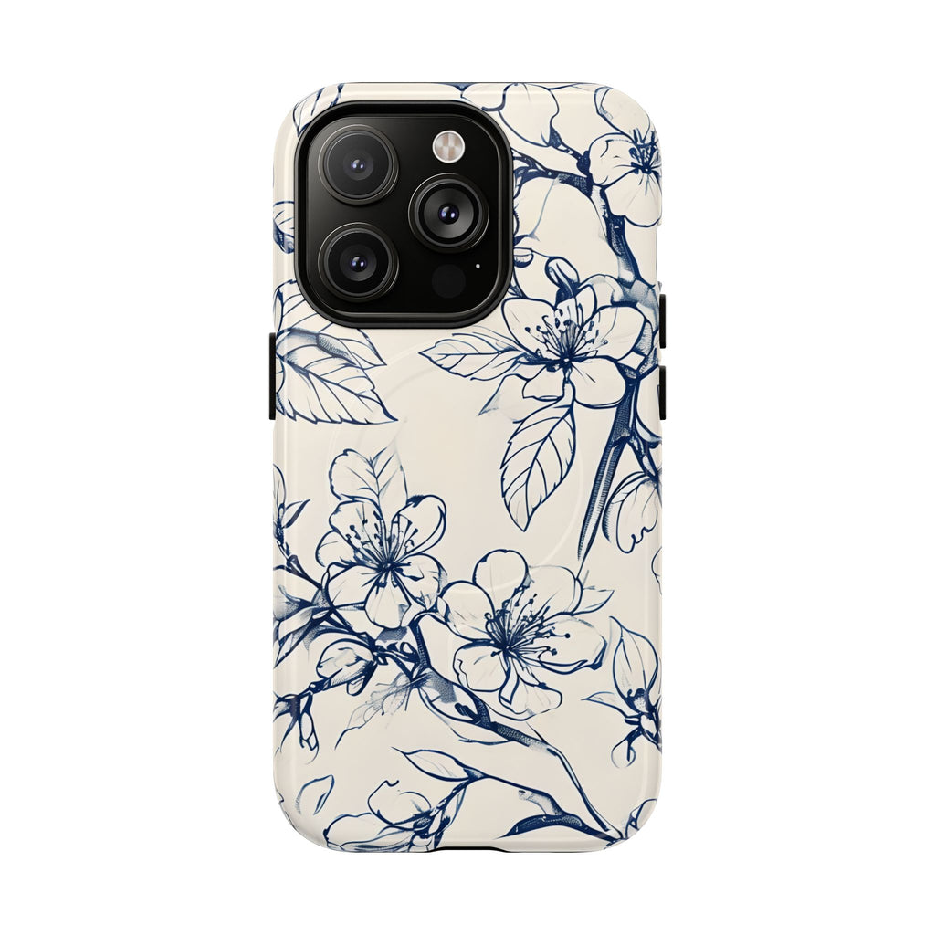 Blossom Sketch - Artistic Blue Floral - iPhone 14 Pro MagSafe Phone Case - Hand-Drawn Botanical Design