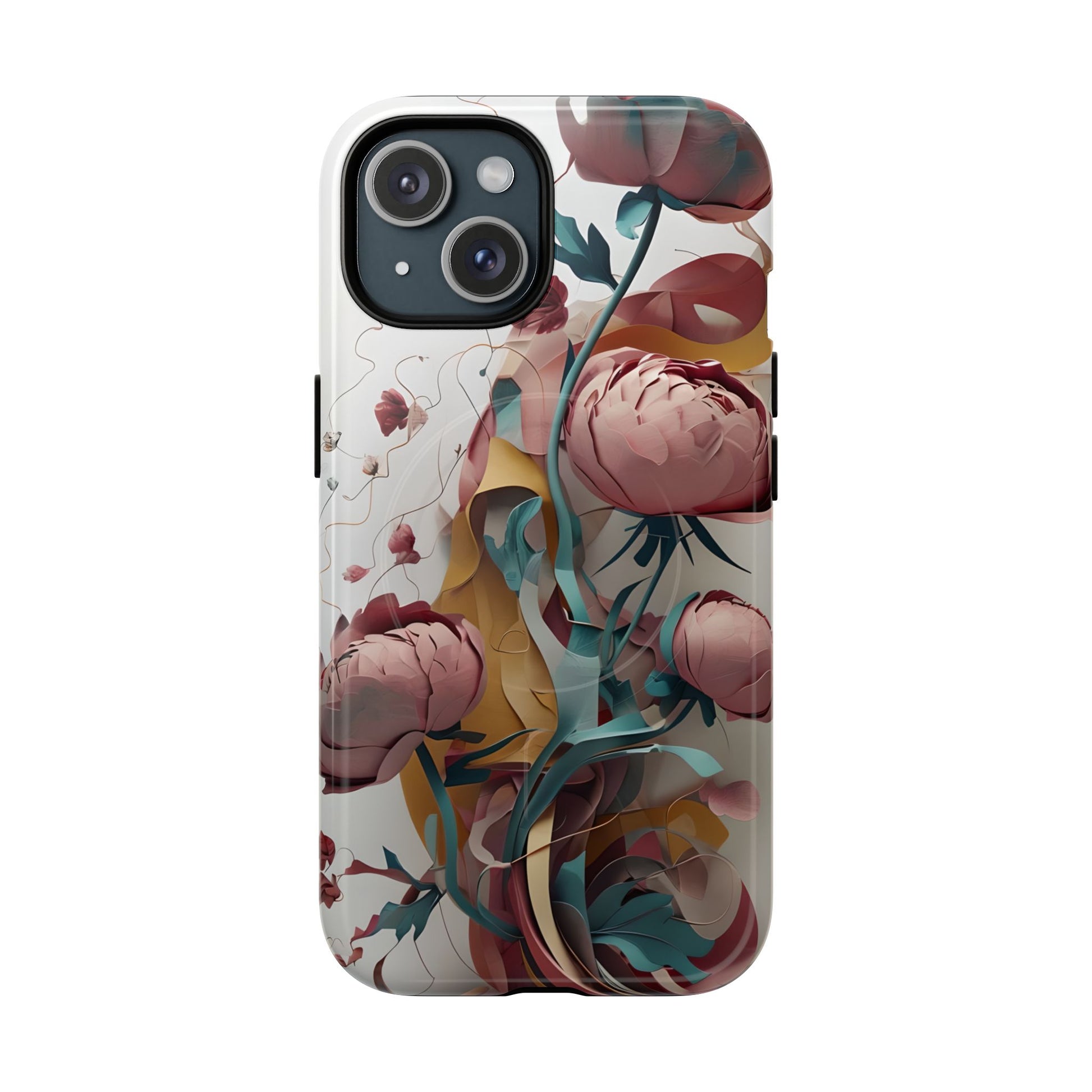 Blushing Peony Veil - Elegant Painterly Floral iPhone 15 MagSafe Phone Case - Soft Blush & Teal Peony Design
