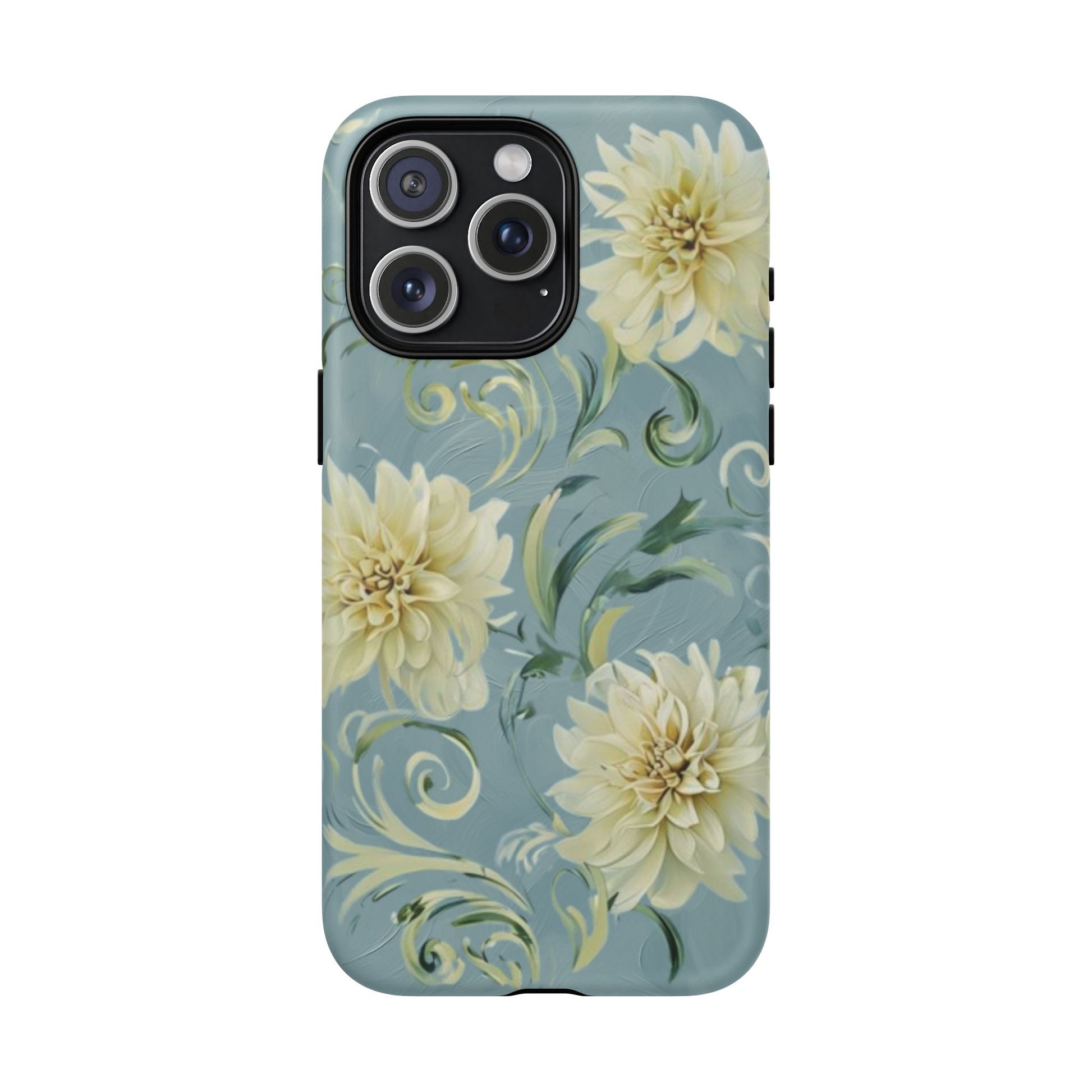 Golden Dahlia Trio - Elegant Floral iPhone 15 Pro Max MagSafe Phone Case - Artistic White & Blue Dahlia Design