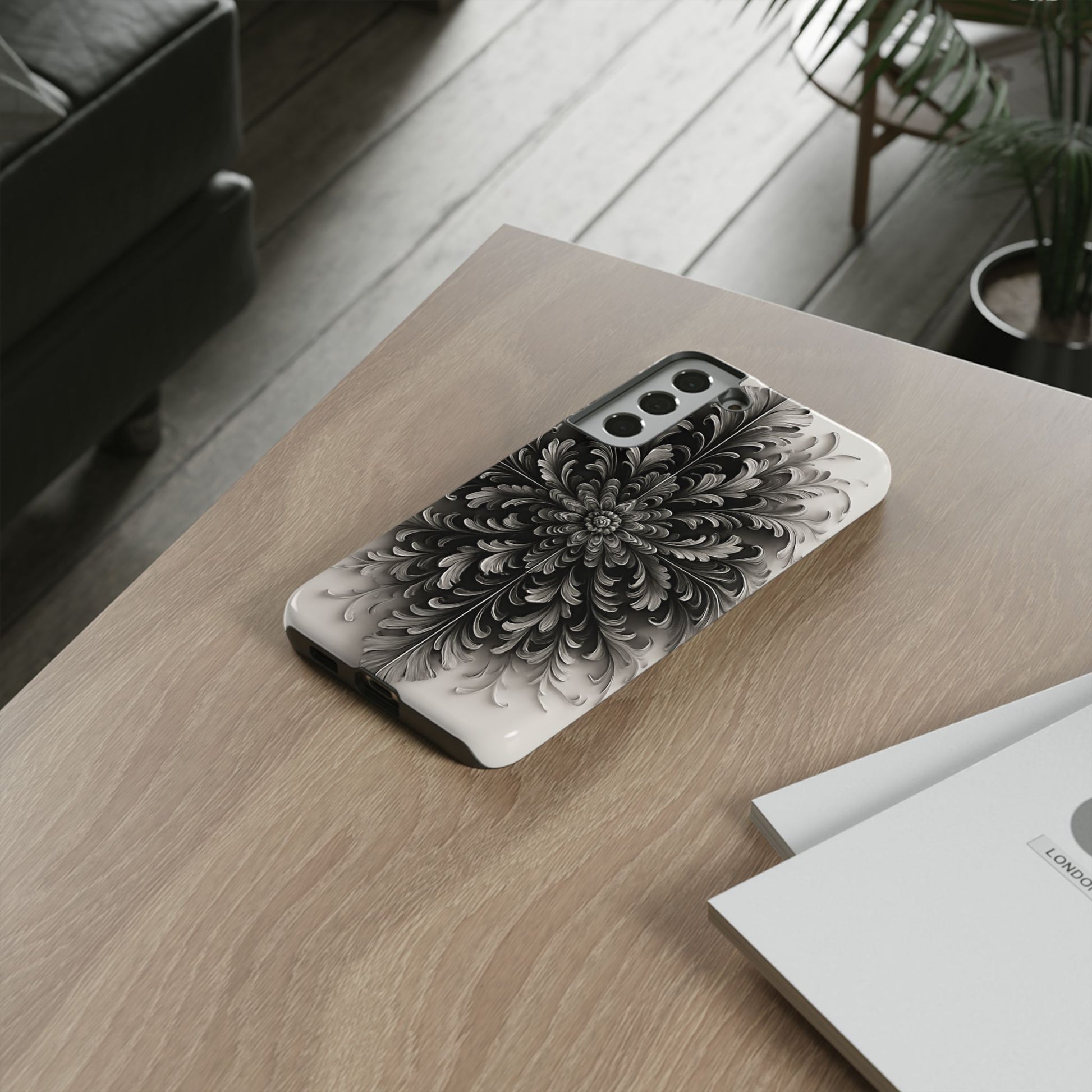 Obsidian Bloom - Elegant Black & White Samsung Galaxy S22 Plus Tough Phone Case - Intricate Mandala Flower Design
