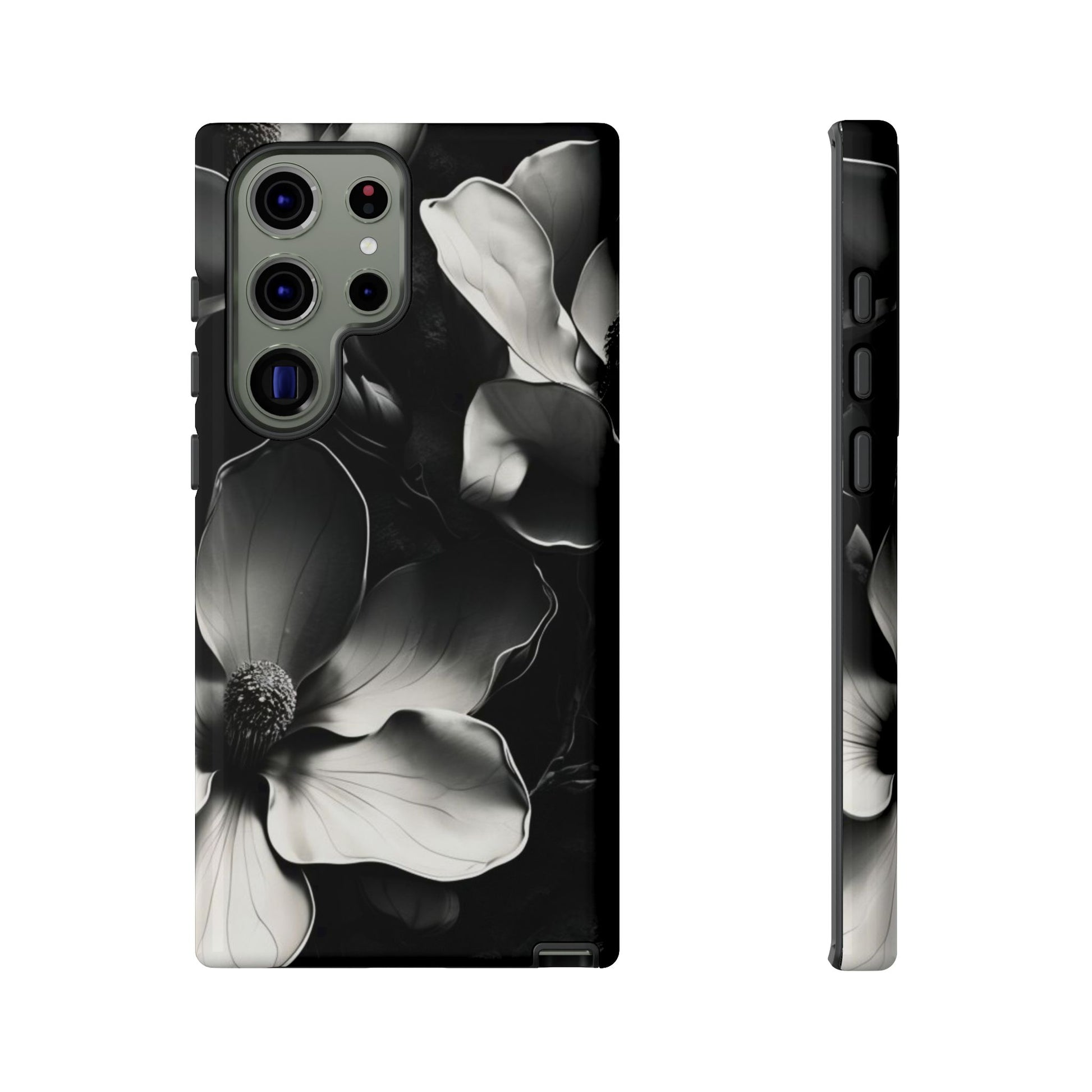 Monochrome Magnolia black and white floral wraparound Samsung Galaxy phone case front and side view