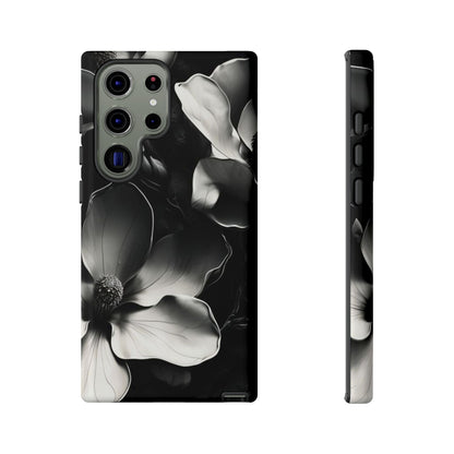Monochrome Magnolia black and white floral wraparound Samsung Galaxy phone case front and side view