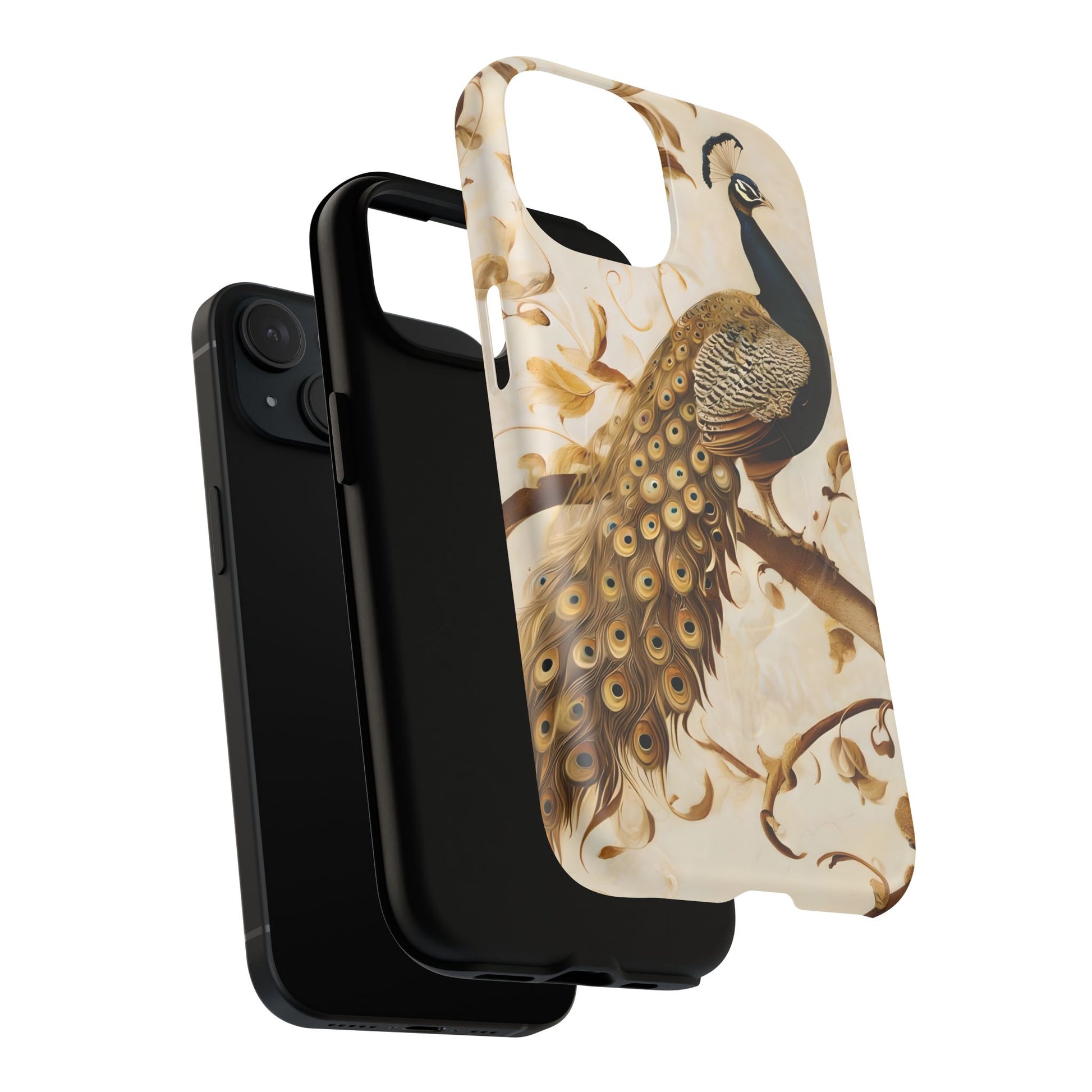 Golden Plumage - Luxe Peacock Art iPhone 15 Phone Case - MagSafe Compatible - Elegant Gold & Cream Design