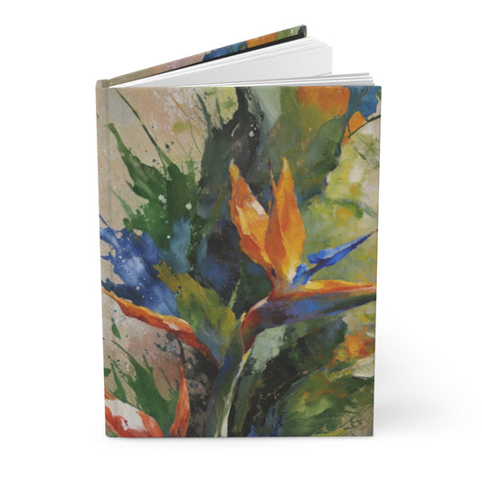 Solara Tropique hardcover journal standing upright showing full tropical bird of paradise artwork wrapping around front cover and spine