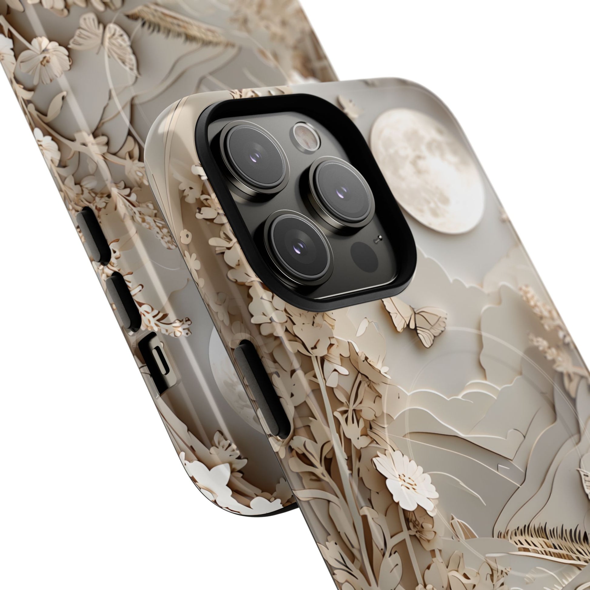 Moonlit Garden - Elegant Neutral Floral iPhone 14 Pro Max MagSafe Phone Case - Painterly Botanical & Moon Design