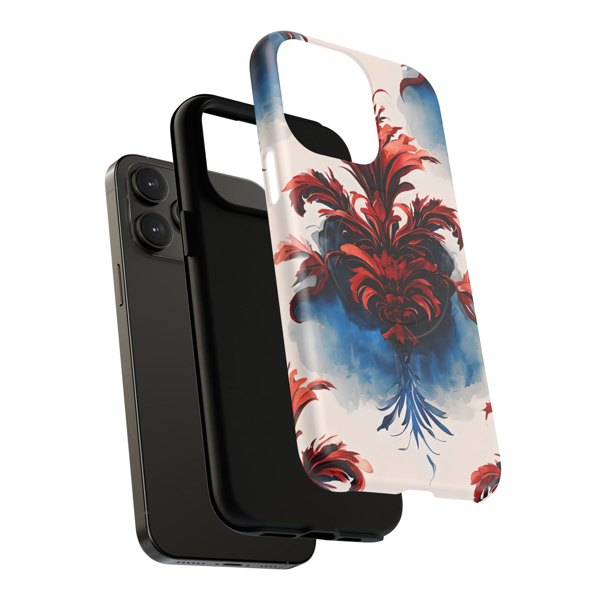 Crimson Plume - Bold Artistic Feather iPhone 14 Pro Max MagSafe Phone Case - Dramatic Red & Blue Design