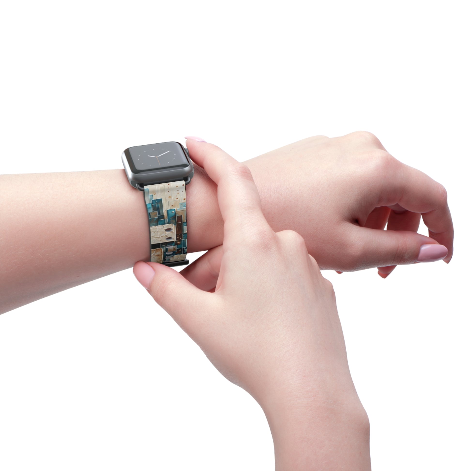 Person fastening Architectural Drift Apple Watch band with geometric architectural tile design