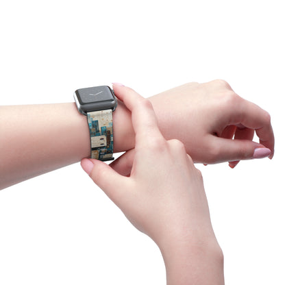 Person fastening Architectural Drift Apple Watch band with geometric architectural tile design