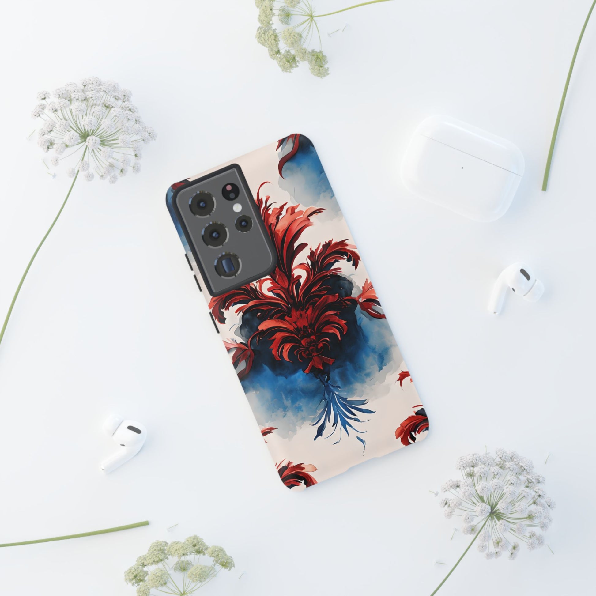Crimson Plume - Bold Artistic Feather Samsung Galaxy S21 Ultra Tough Phone Case - Dramatic Red & Blue Design
