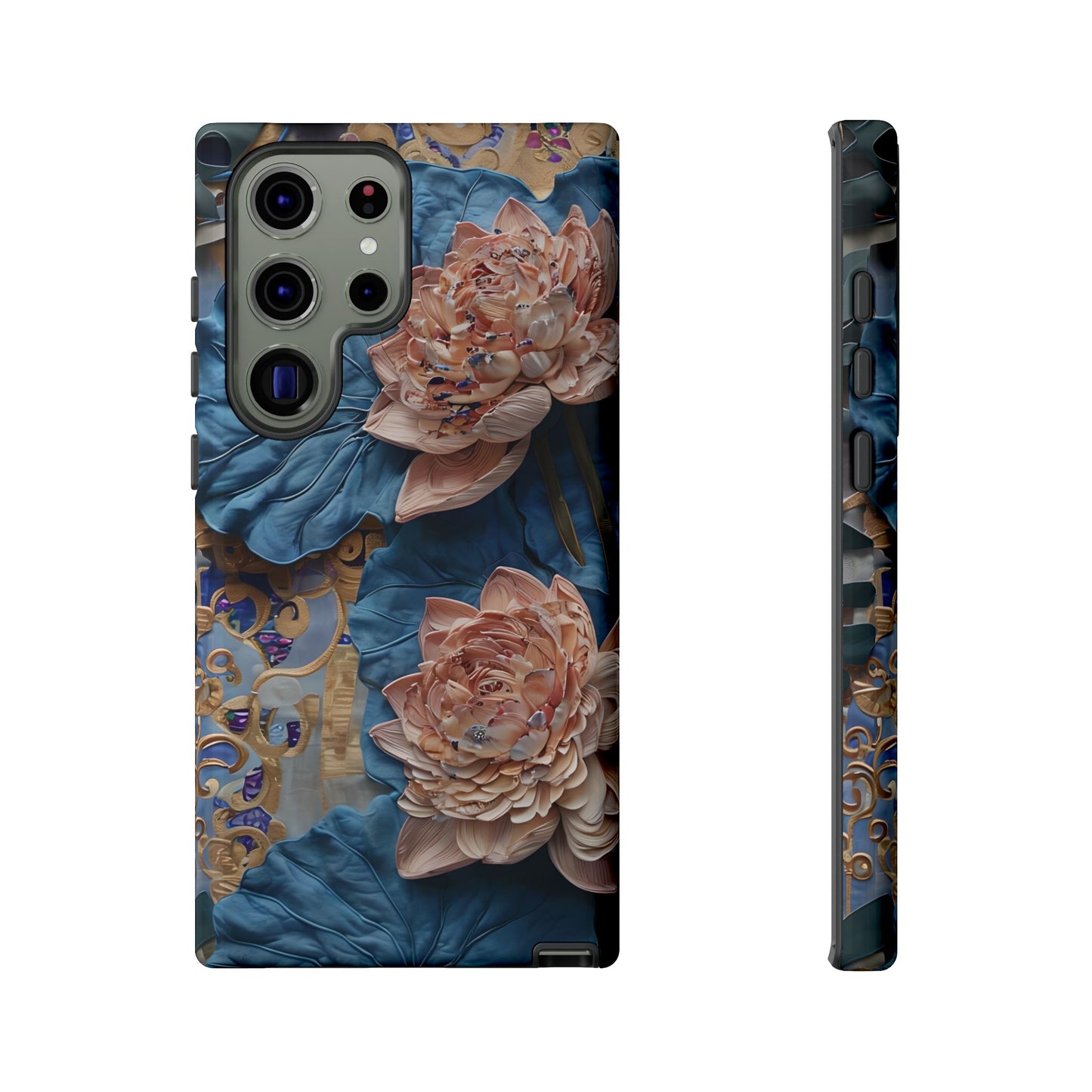 Peony Midnight Tapestry Samsung Galaxy tough case with blush pink peonies on deep blue tapestry background, back and side view