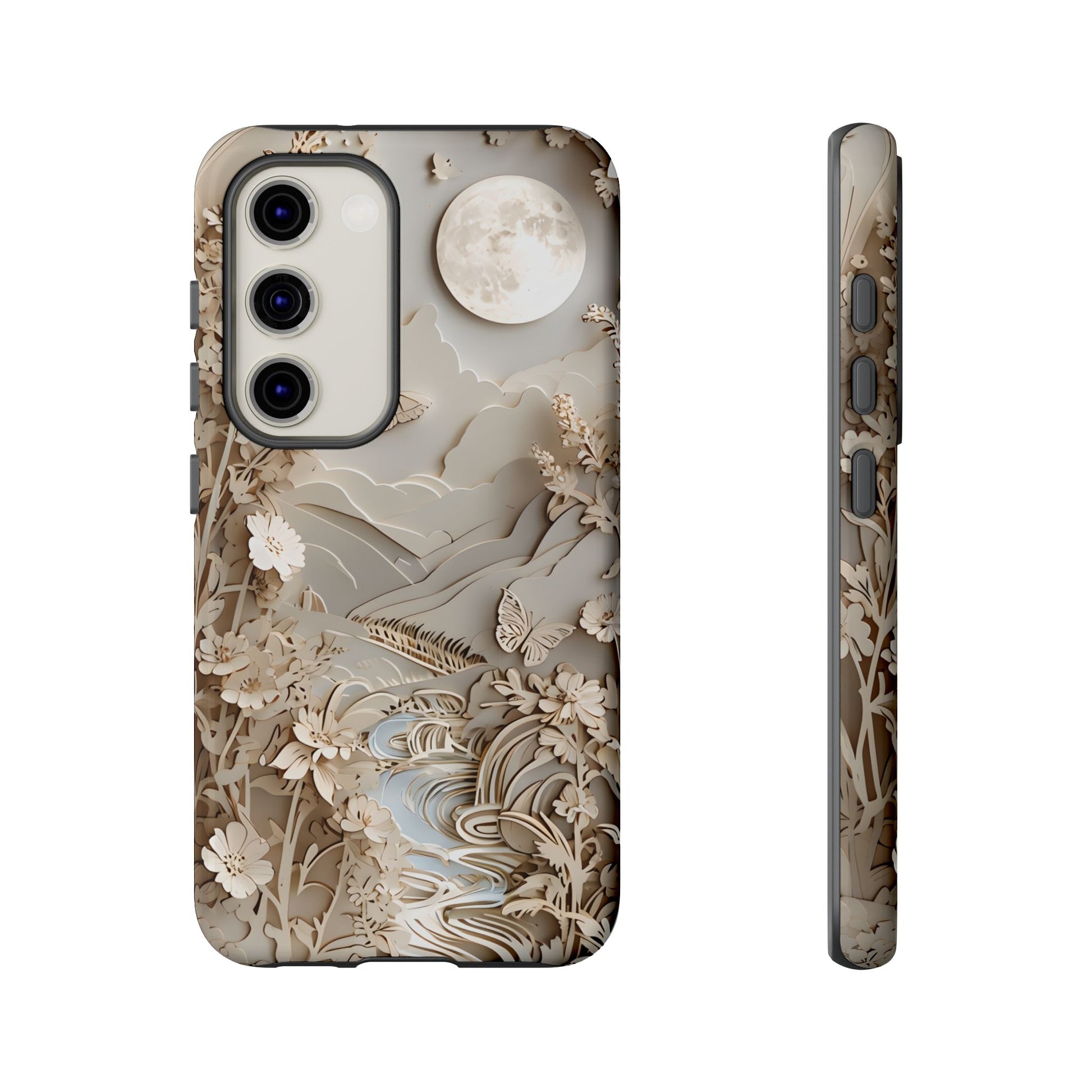 Moonlit Garden - Elegant Neutral Floral Samsung Galaxy S23 Tough Phone Case - Painterly Botanical & Moon Design