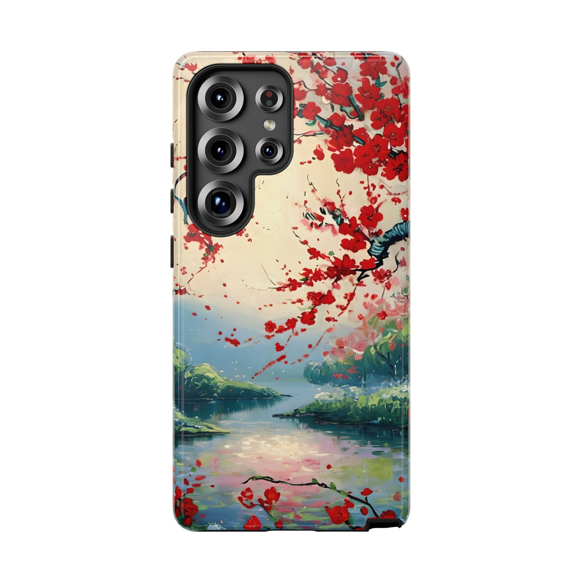 Crimson Blossom Lake - Artistic Floral Landscape Samsung Galaxy S25 Ultra Tough Phone Case - Red Cherry Blossoms & Serene Lake Design
