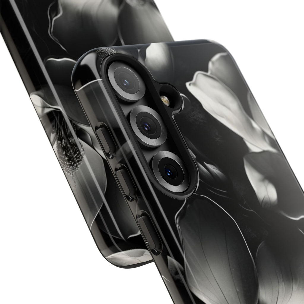 Monochrome Magnolia - Elegant Black & White Floral Samsung Galaxy S25 Tough Phone Case - Artistic Magnolia Design