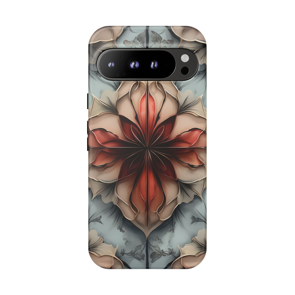 Ember Bloom - Kaleidoscope Collection Artistic Floral - Google Pixel 9 Pro XL Tough Phone Case - Fiery Symmetrical Design