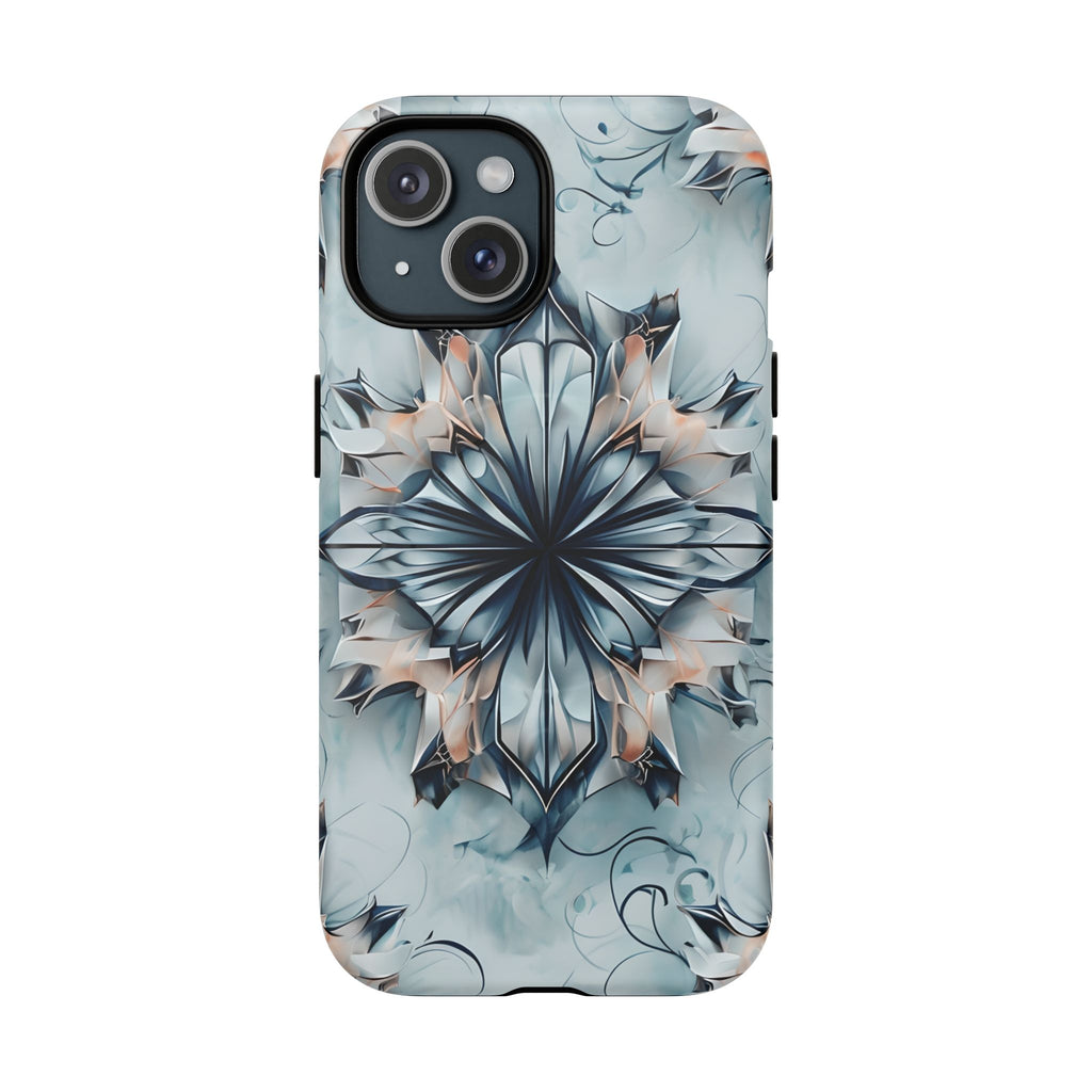 Indigo Mirage - Artistic Kaleidoscope Collection Artistic Floral - iPhone 15 MagSafe Phone Case -Bold Indigo Symmetrical Design