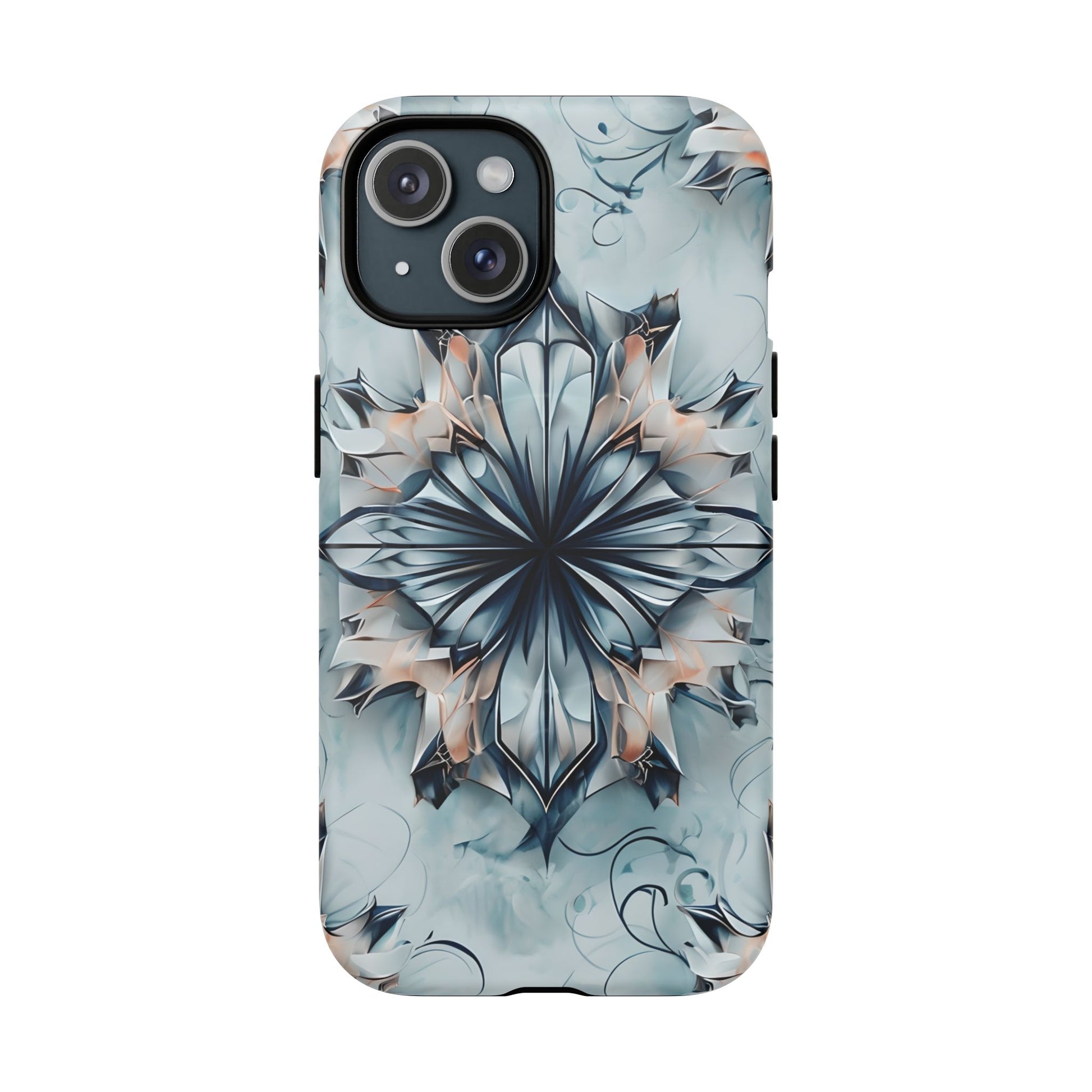 Indigo Mirage - Artistic Kaleidoscope Collection Artistic Floral - iPhone 15 MagSafe Phone Case -Bold Indigo Symmetrical Design