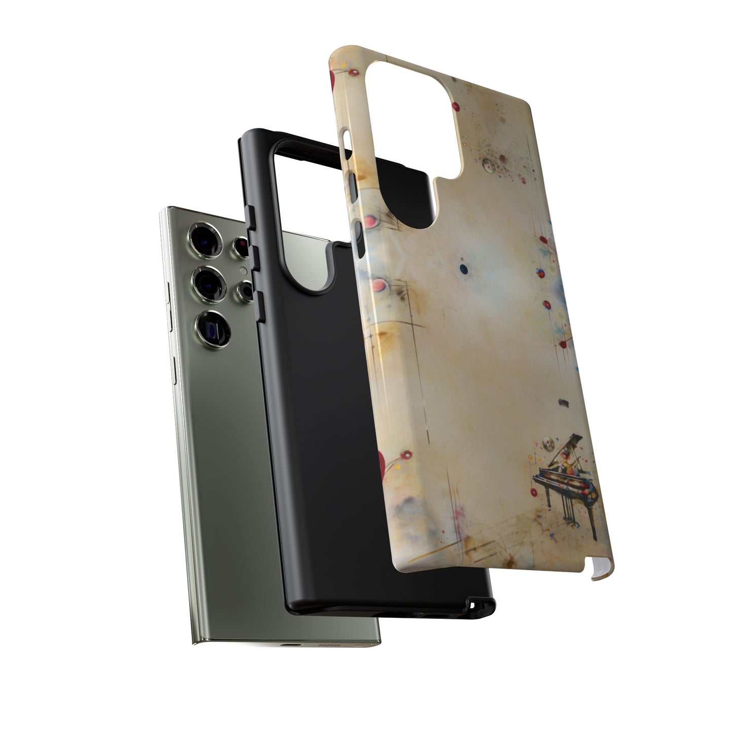 Keys of Imagination Samsung Galaxy dual layer tough case with minimalist grand piano and floating abstract shapes, side and back view