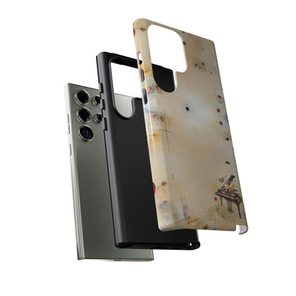 Keys of Imagination Samsung Galaxy dual layer tough case with minimalist grand piano and floating abstract shapes, side and back view