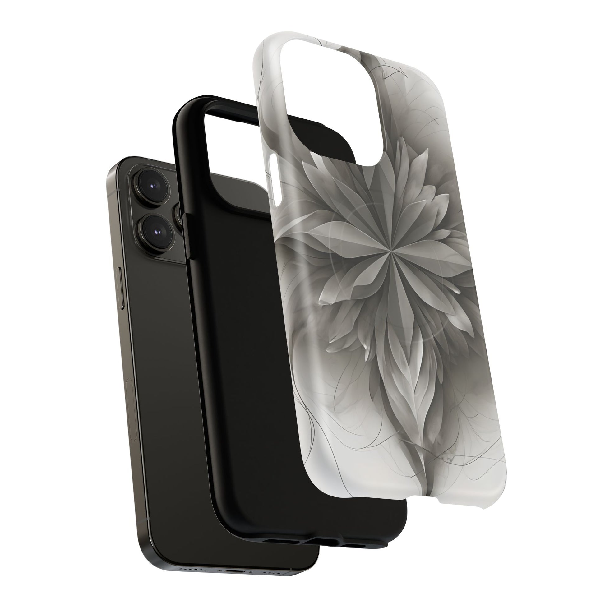 Silver Lotus - Elegant Monochrome Floral iPhone 14 Pro Max MagSafe Phone Case - Modern Lotus Design