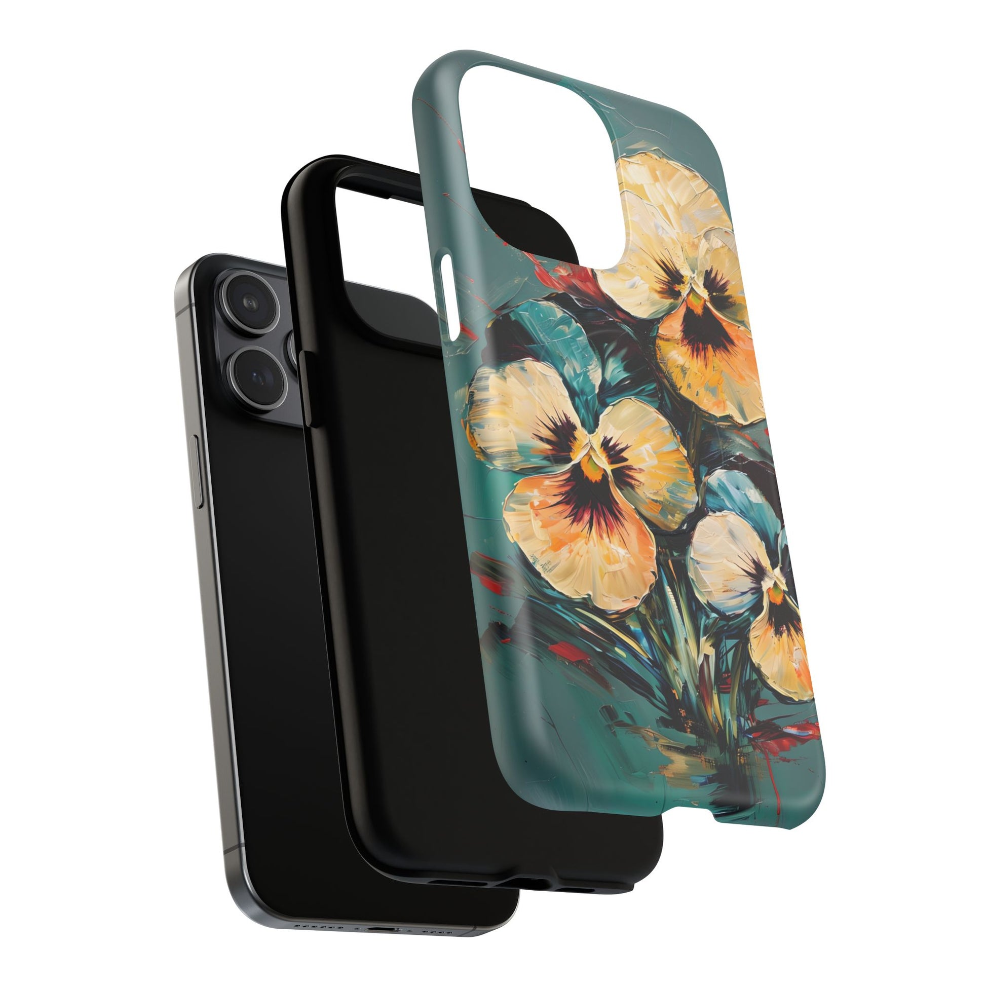 Golden Pansy Cascade - Elegant Floral iPhone 15 Pro Max MagSafe Case with Deep Teal Background